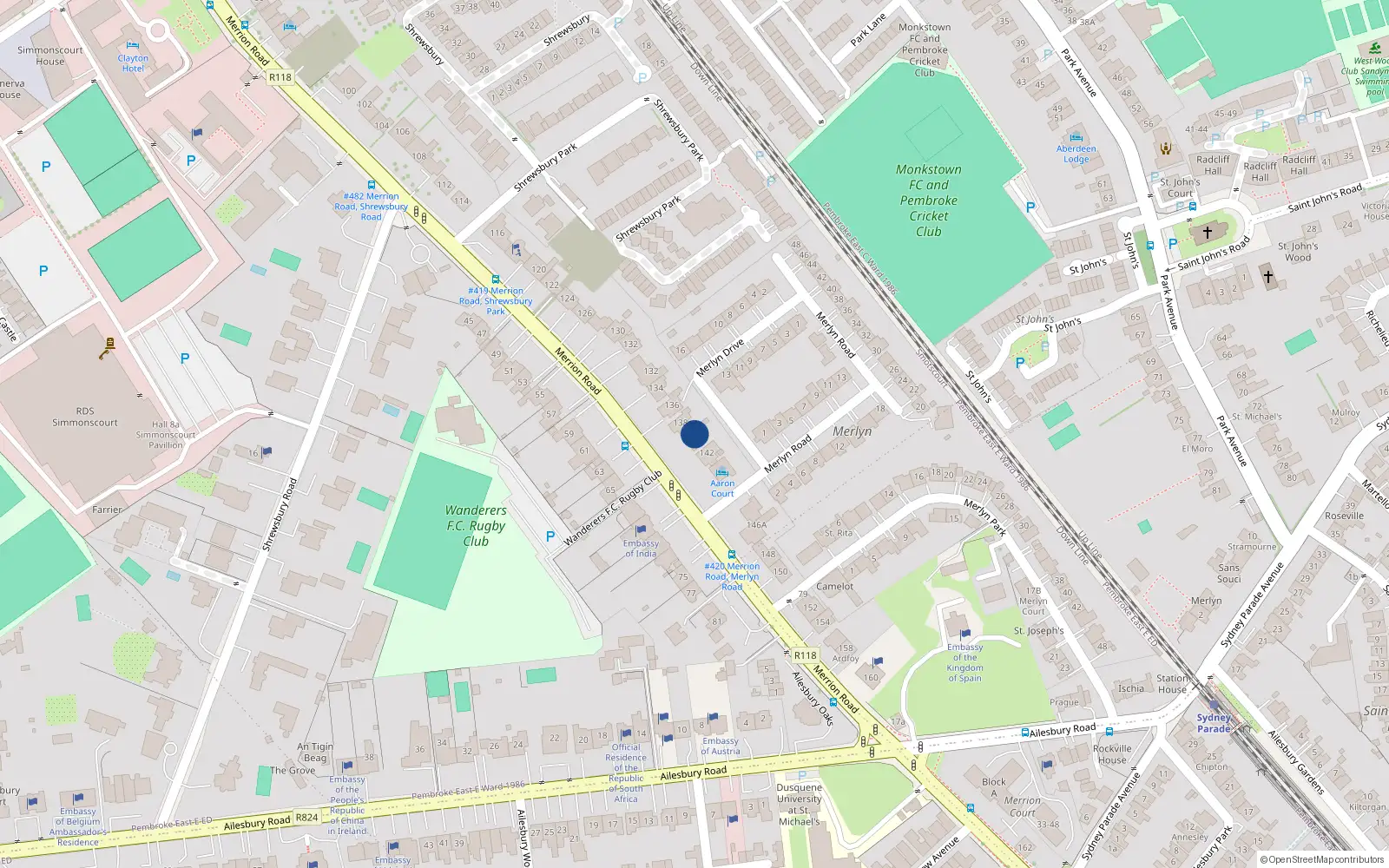 Overhead map showing the location of 140 Merrion Road, Ballsbridge