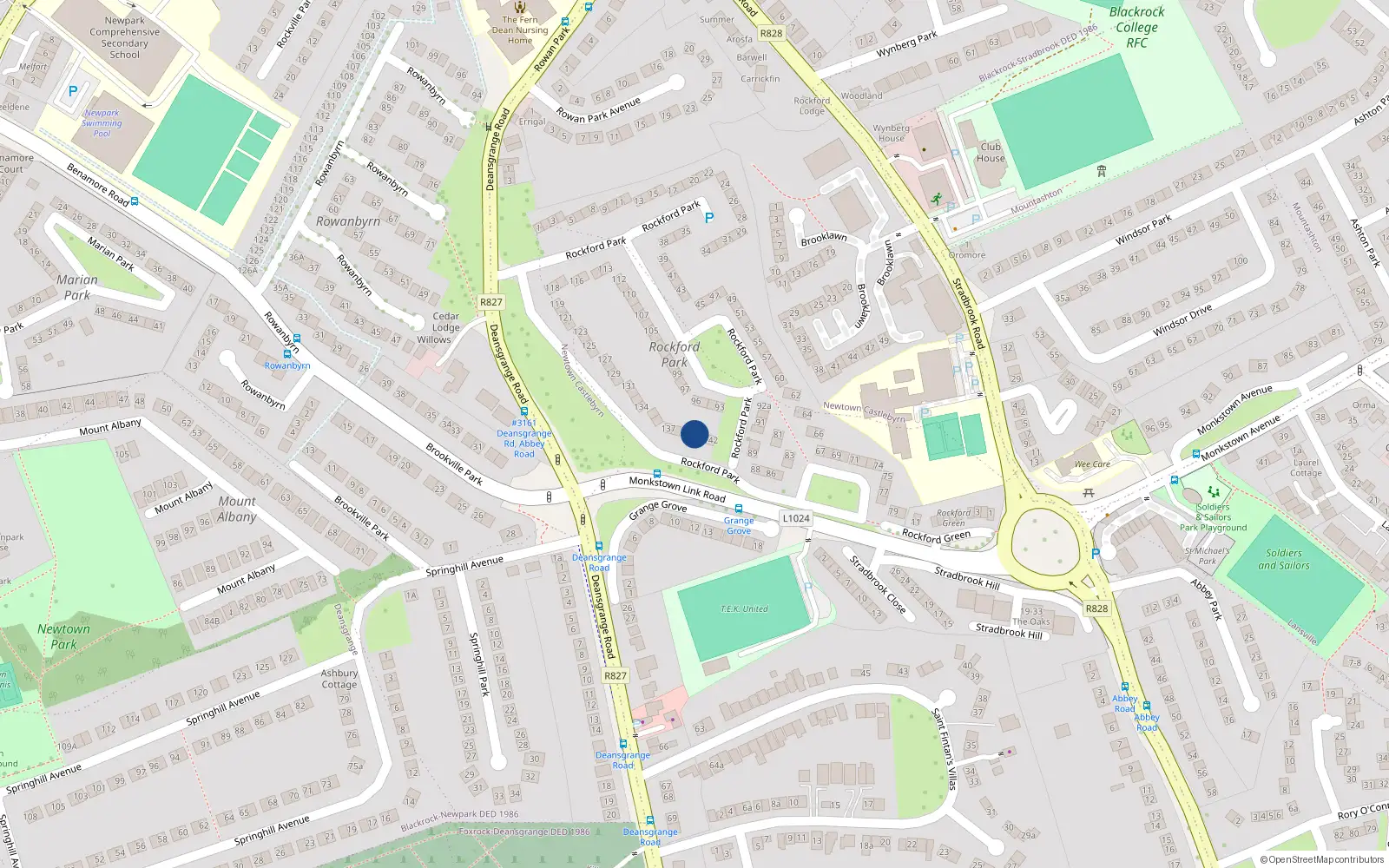 Overhead map showing the location of 140 Rockford Park, Blackrock