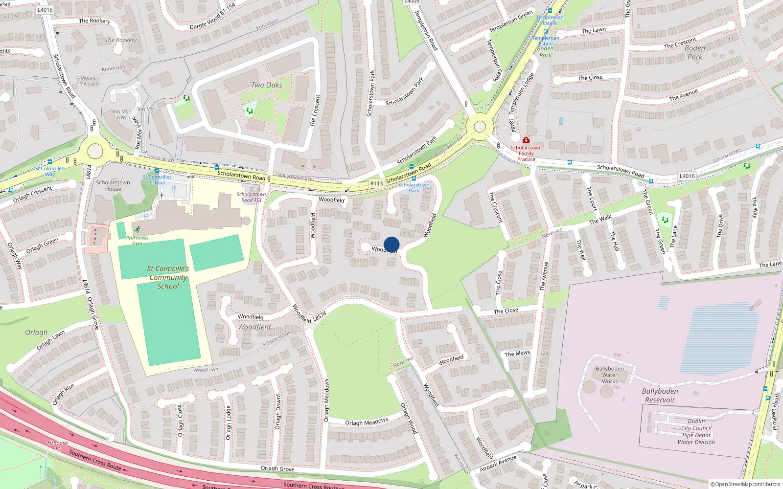 Overhead map showing the location of 140 Woodfield, Dublin 16