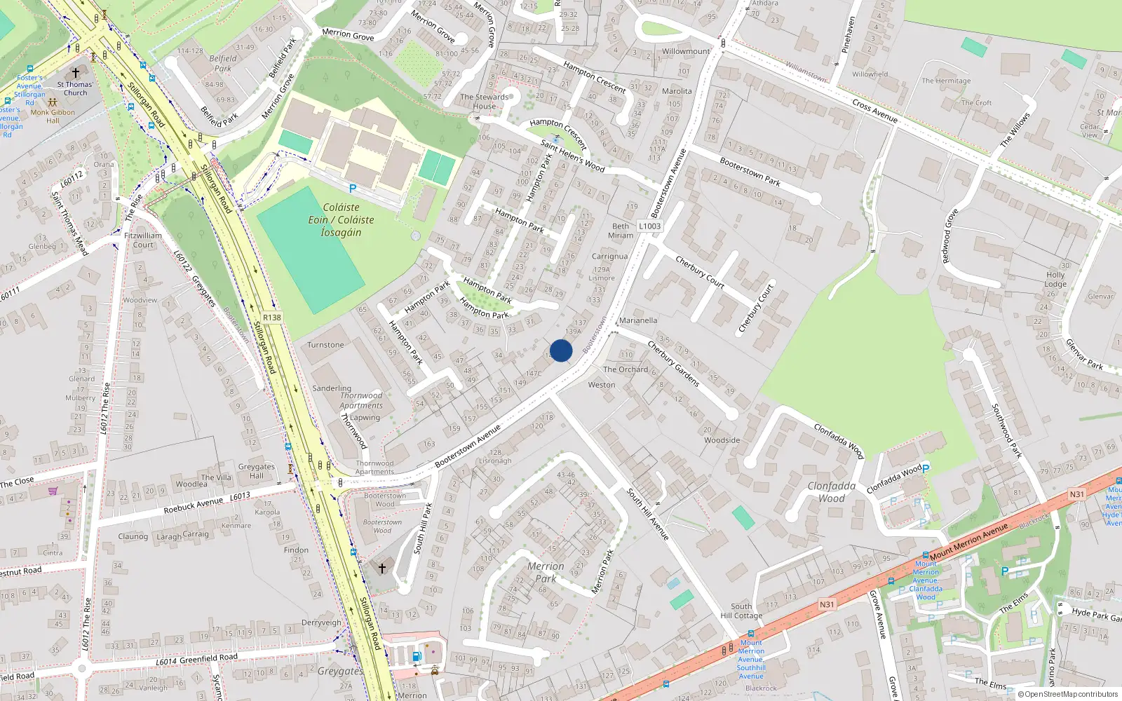 Overhead map showing the location of 141 Booterstown Avenue, Blackrock