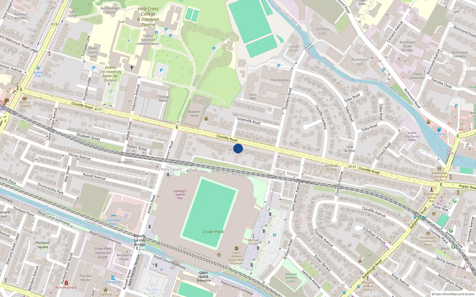 Overhead map showing the location of 141 Clonliffe Road, Drumcondra, Dublin 9