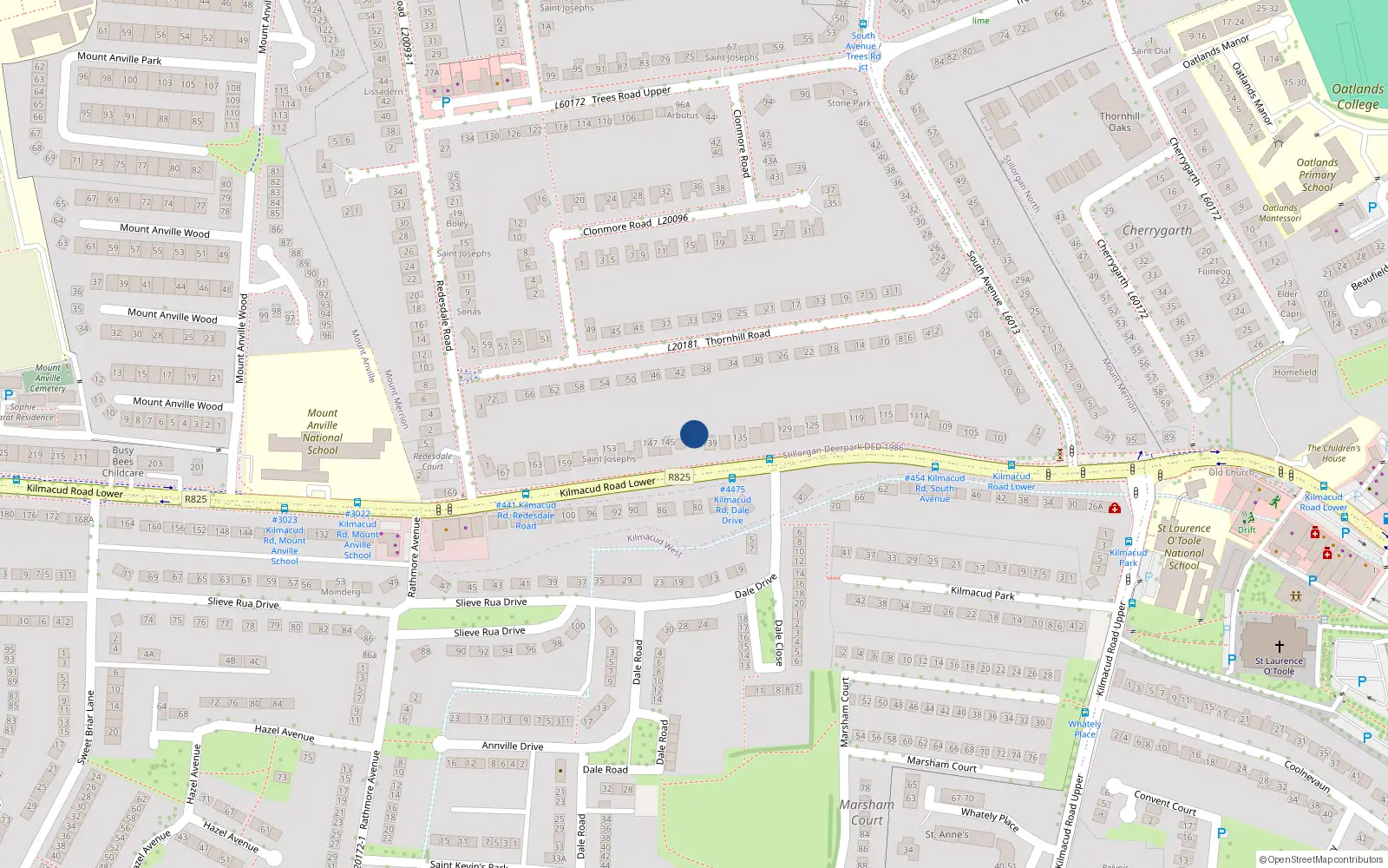 Overhead map showing the location of 141 Lower Kilmacud Road, Dublin