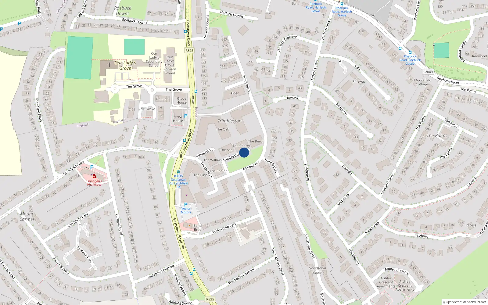 Overhead map showing the location of 141 Trimbleston, Goatstown