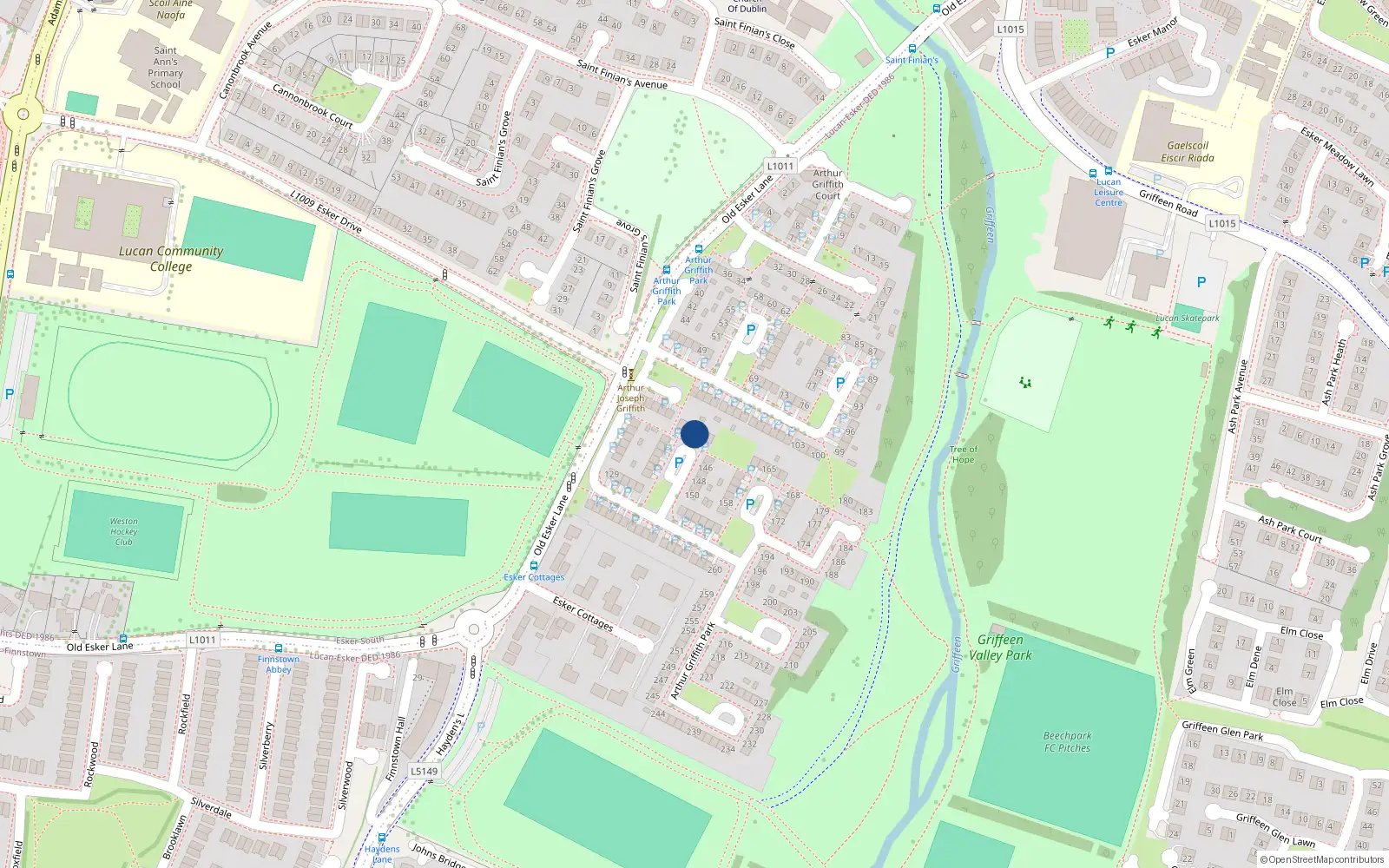 Overhead map showing the location of 142 Arthur Griffith Park, Lucan, Dublin
