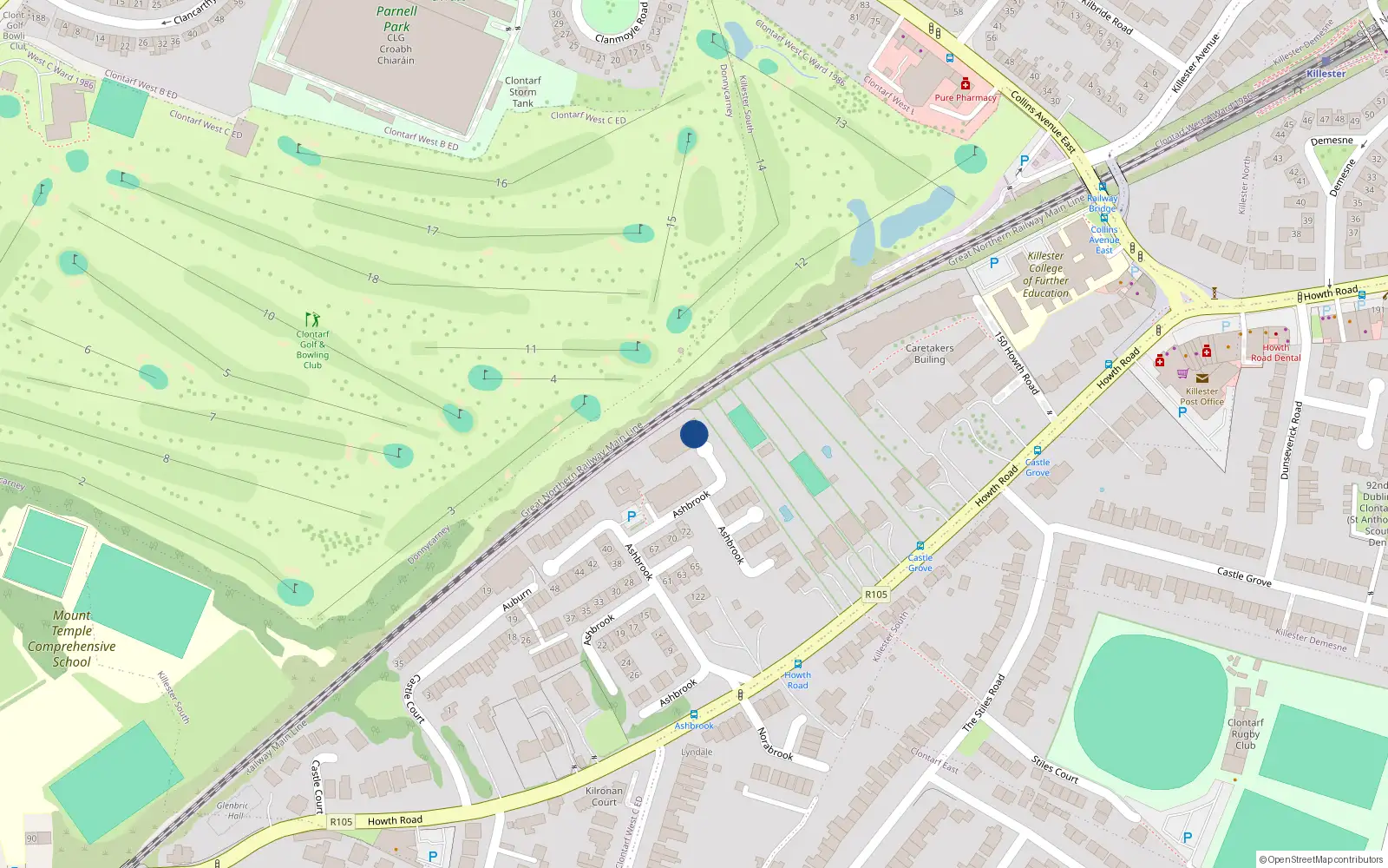 Overhead map showing the location of 142 Ashbrook, Clontarf Dublin 3