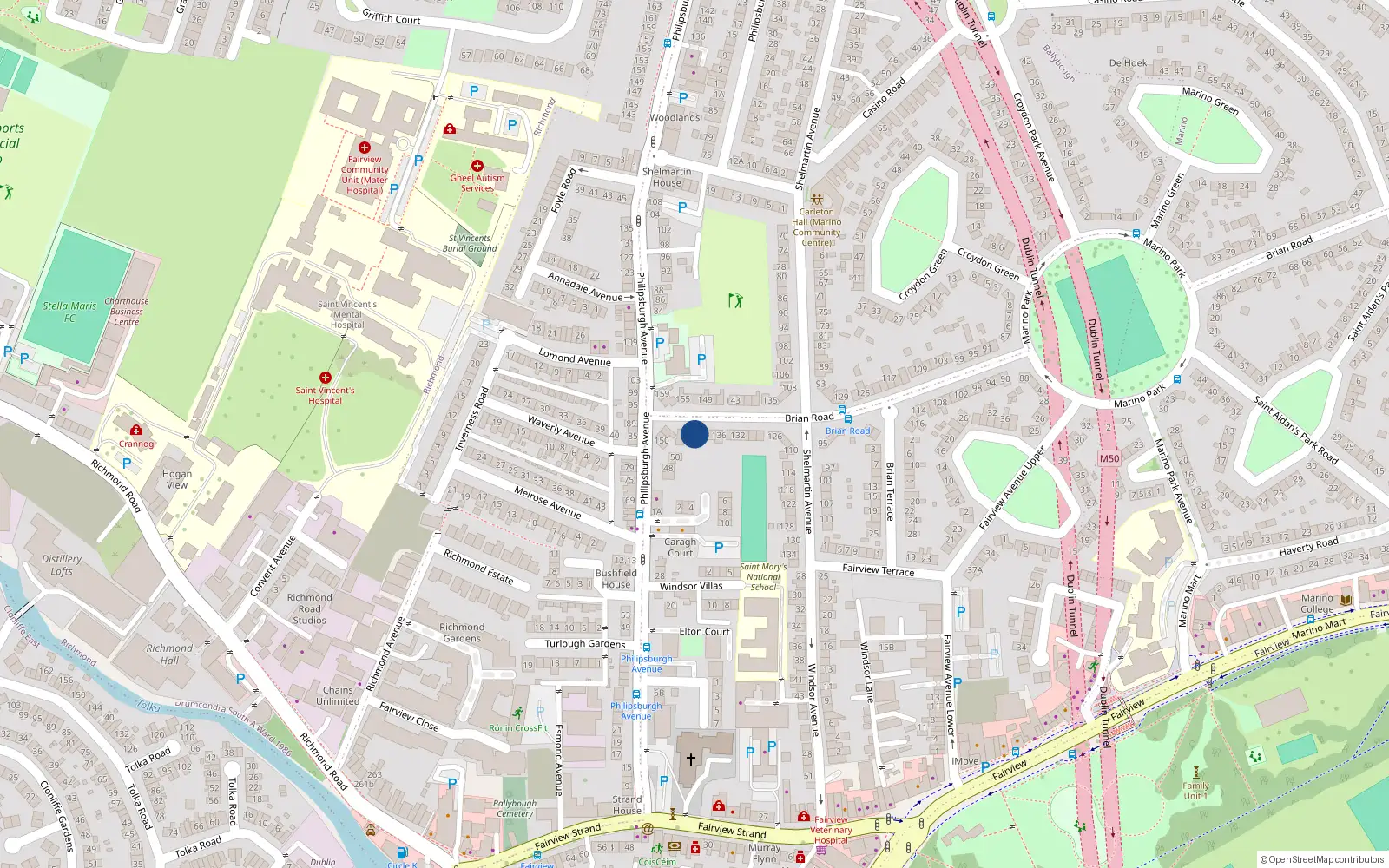 Overhead map showing the location of 142 Brian Road, Fairview, Dublin 3
