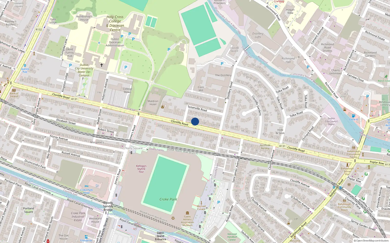 Overhead map showing the location of 142 Clonliffe Road, Dublin 3