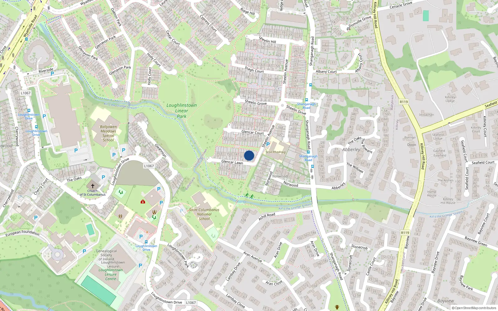 Overhead map showing the location of 142 Glencar Court, Ballybrack, Dublin