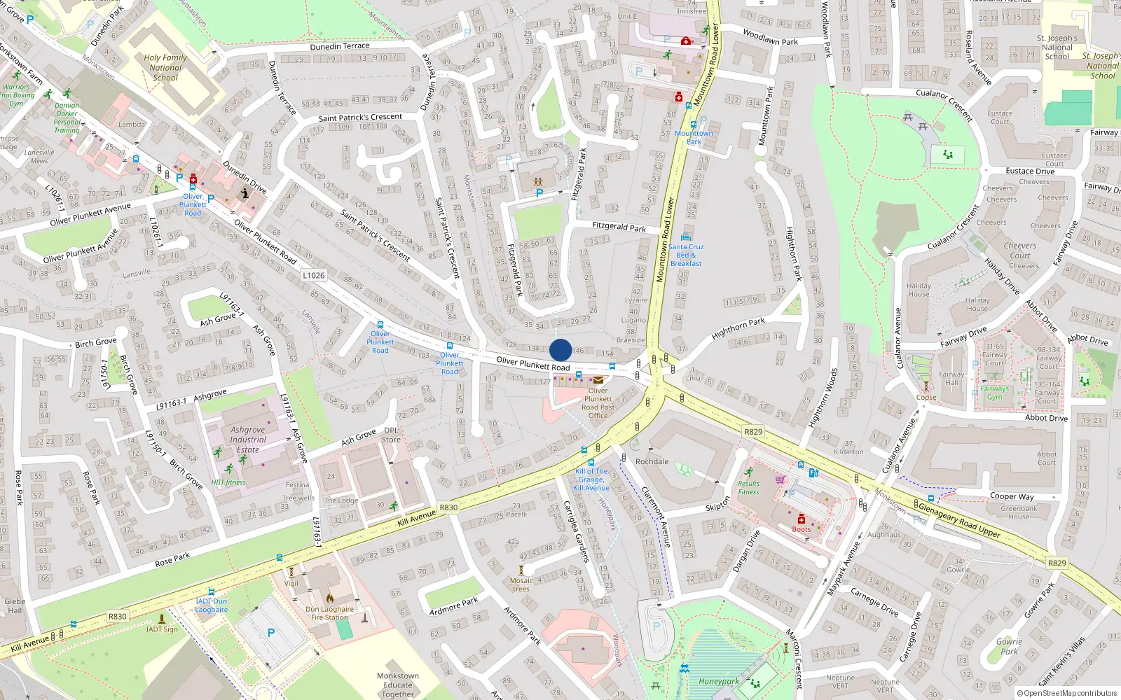 Overhead map showing the location of 142 Oliver Plunkett Road, Dublin