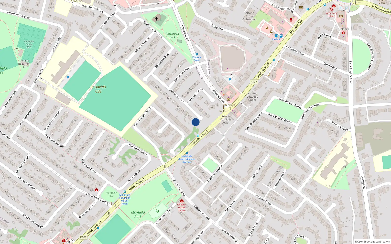 Overhead map showing the location of 142 Pinebrook Road, Dublin 5