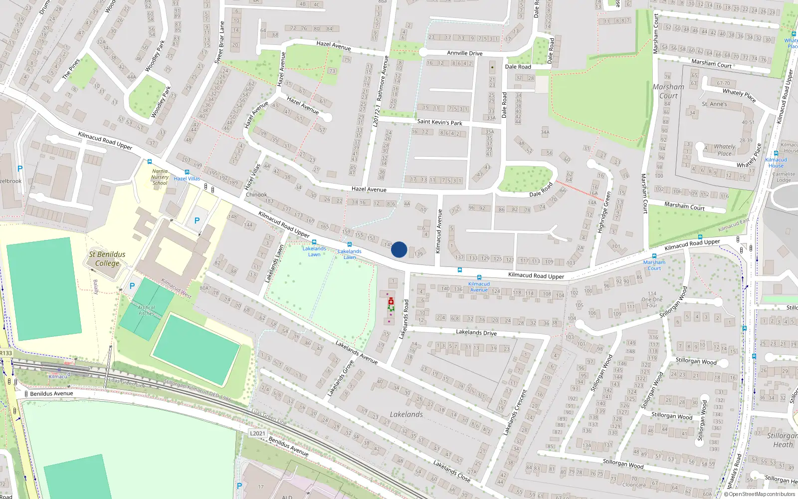 Overhead map showing the location of 143 Kilmacud Road Upper, Stillorgan, Dublin