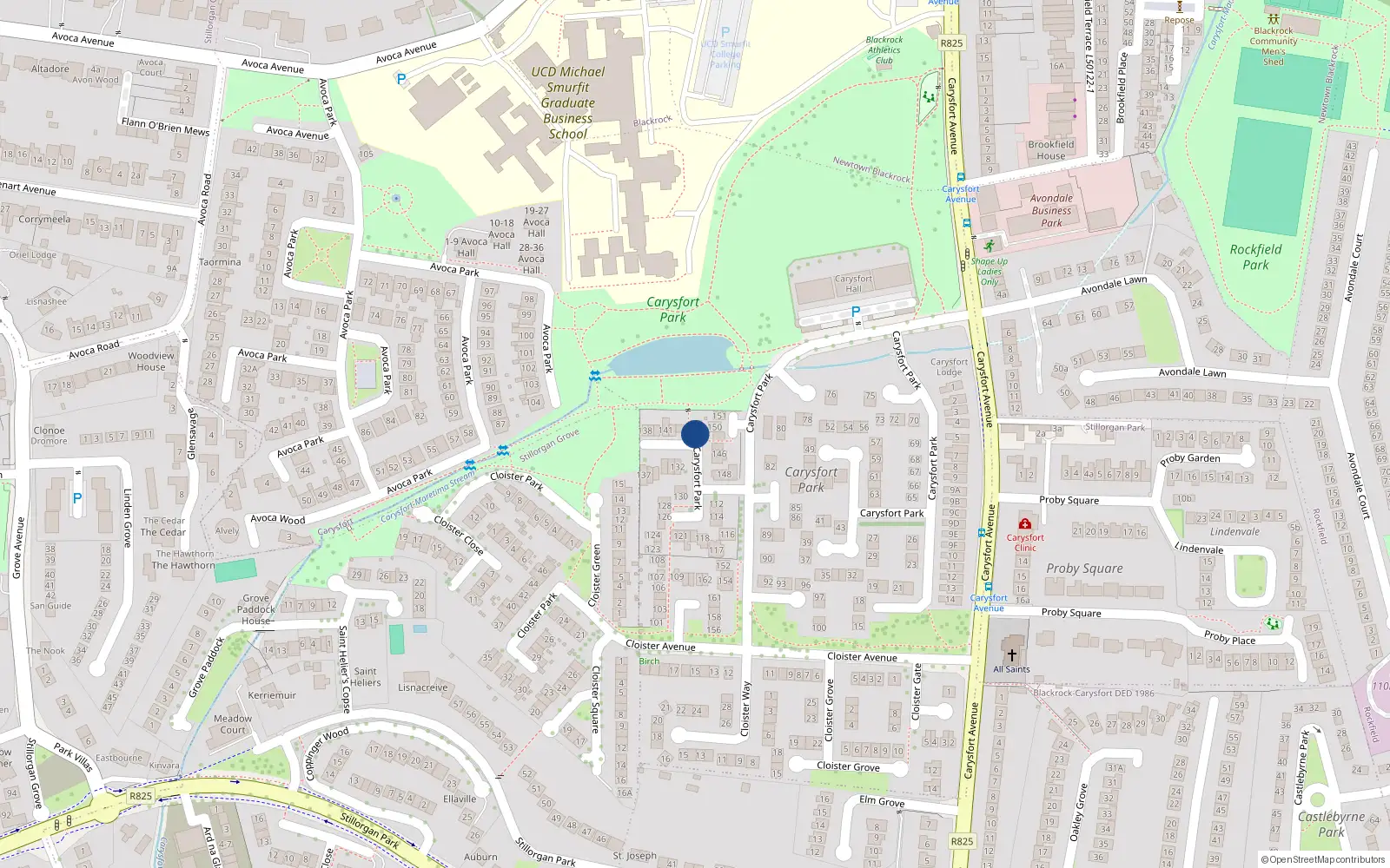 Overhead map showing the location of 144 Carysfort Park, Blackrock, Co Dublin