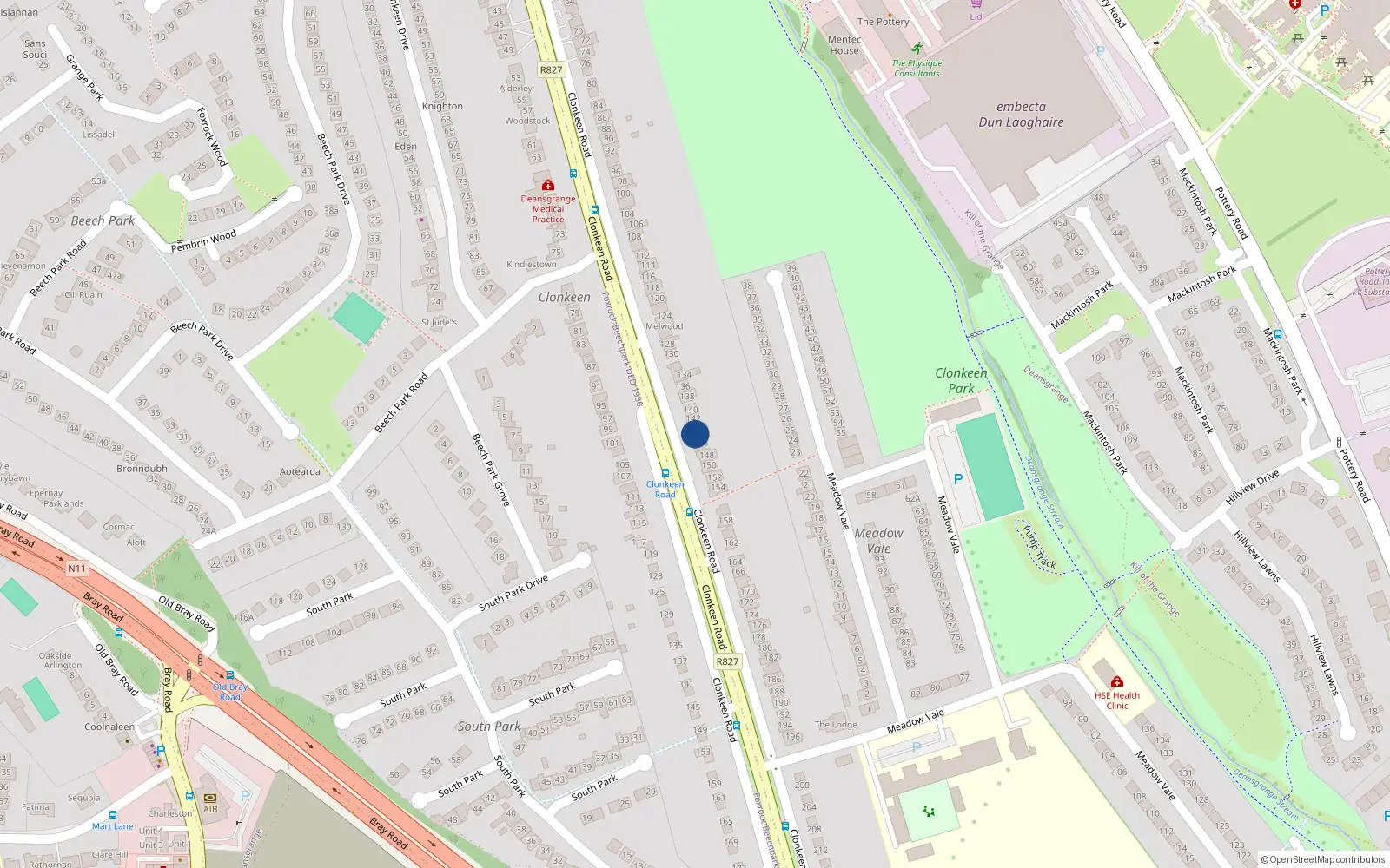 Overhead map showing the location of 144 Clonkeen Road, Deansgrange, Blackrock