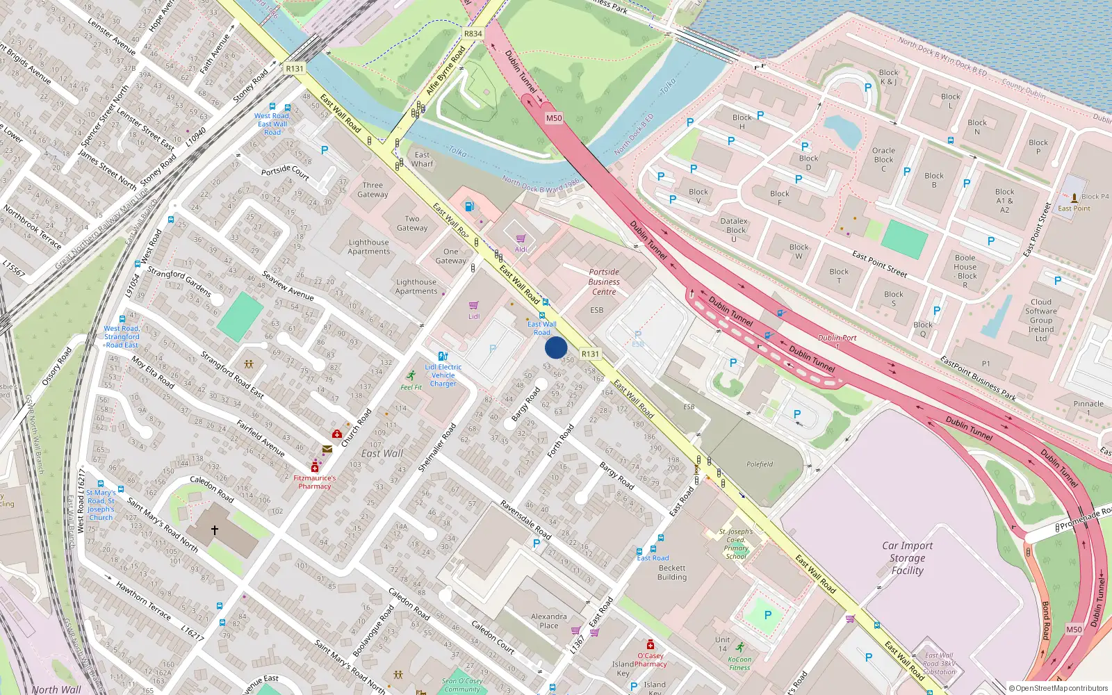 Overhead map showing the location of 144 East Wall Road, East Wall, Dublin 3