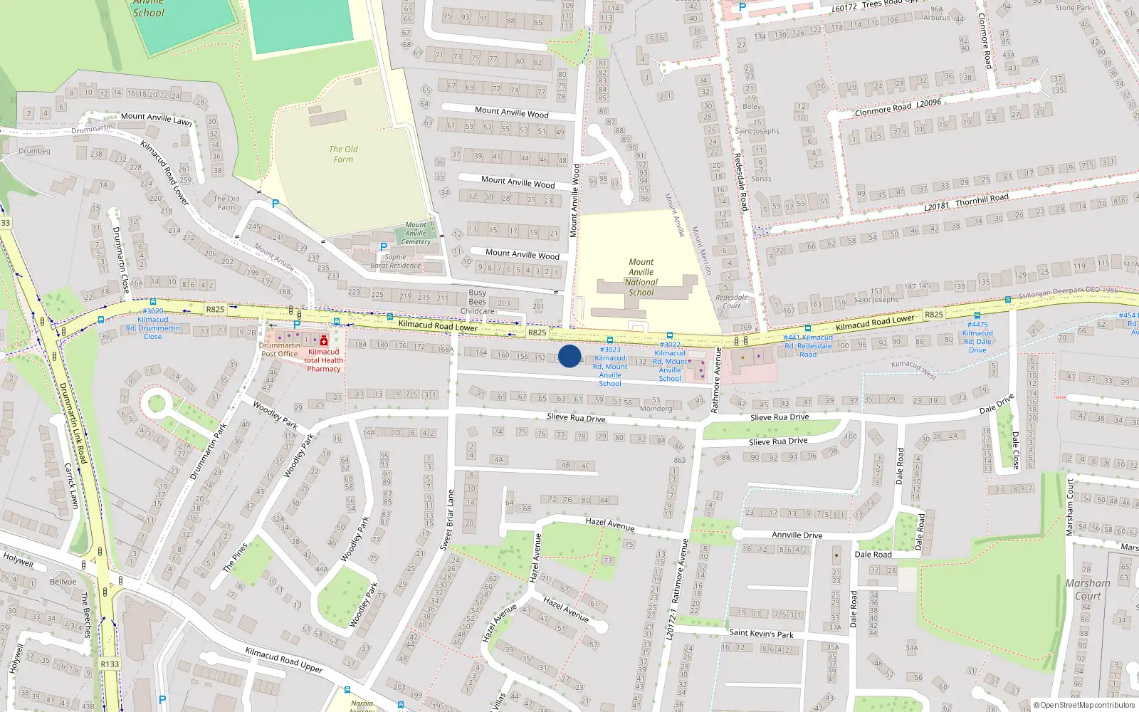 Overhead map showing the location of 144 Lower Kilmacud Road, Dublin