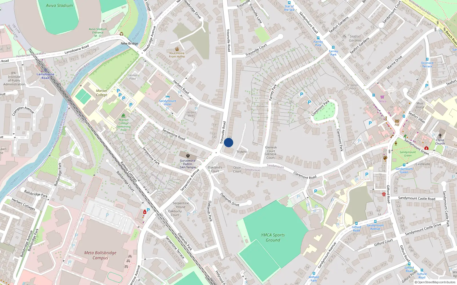 Overhead map showing the location of 144 Tritonville Road, Sandymount