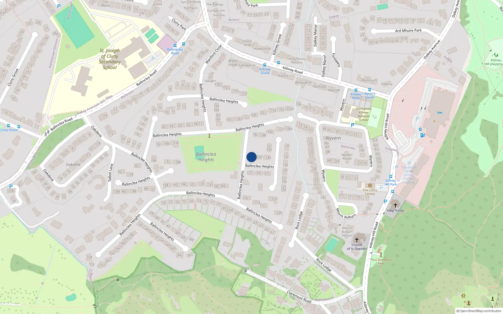 Overhead map showing the location of 145 Ballinclea Heights, Killiney