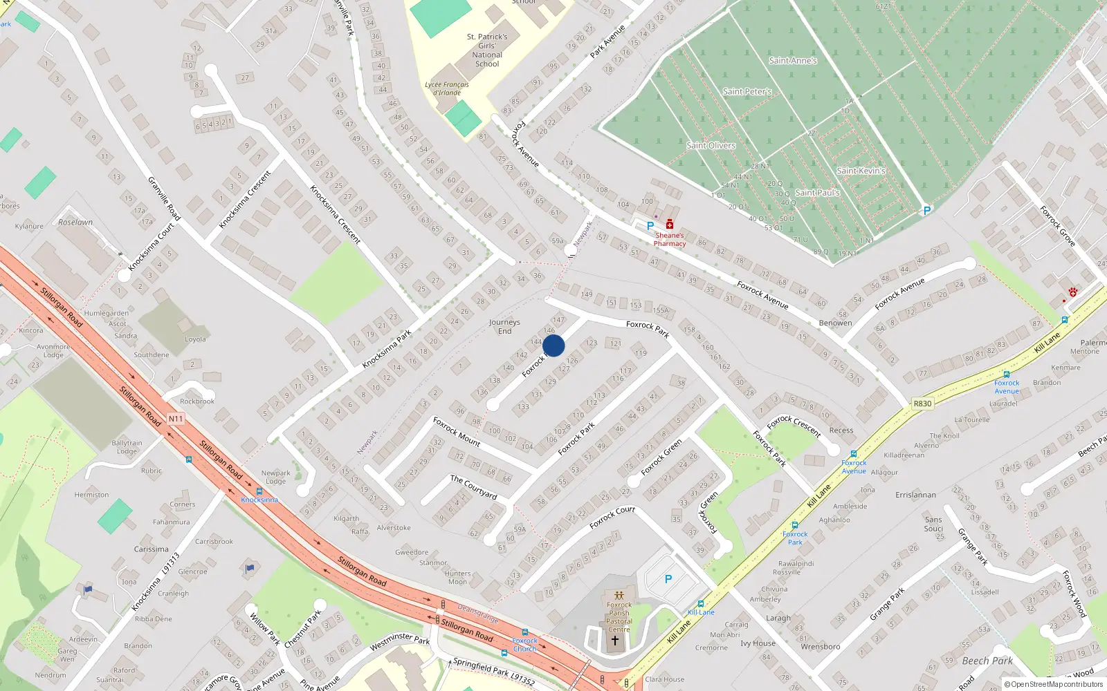 Overhead map showing the location of 145 Foxrock Park, Dublin
