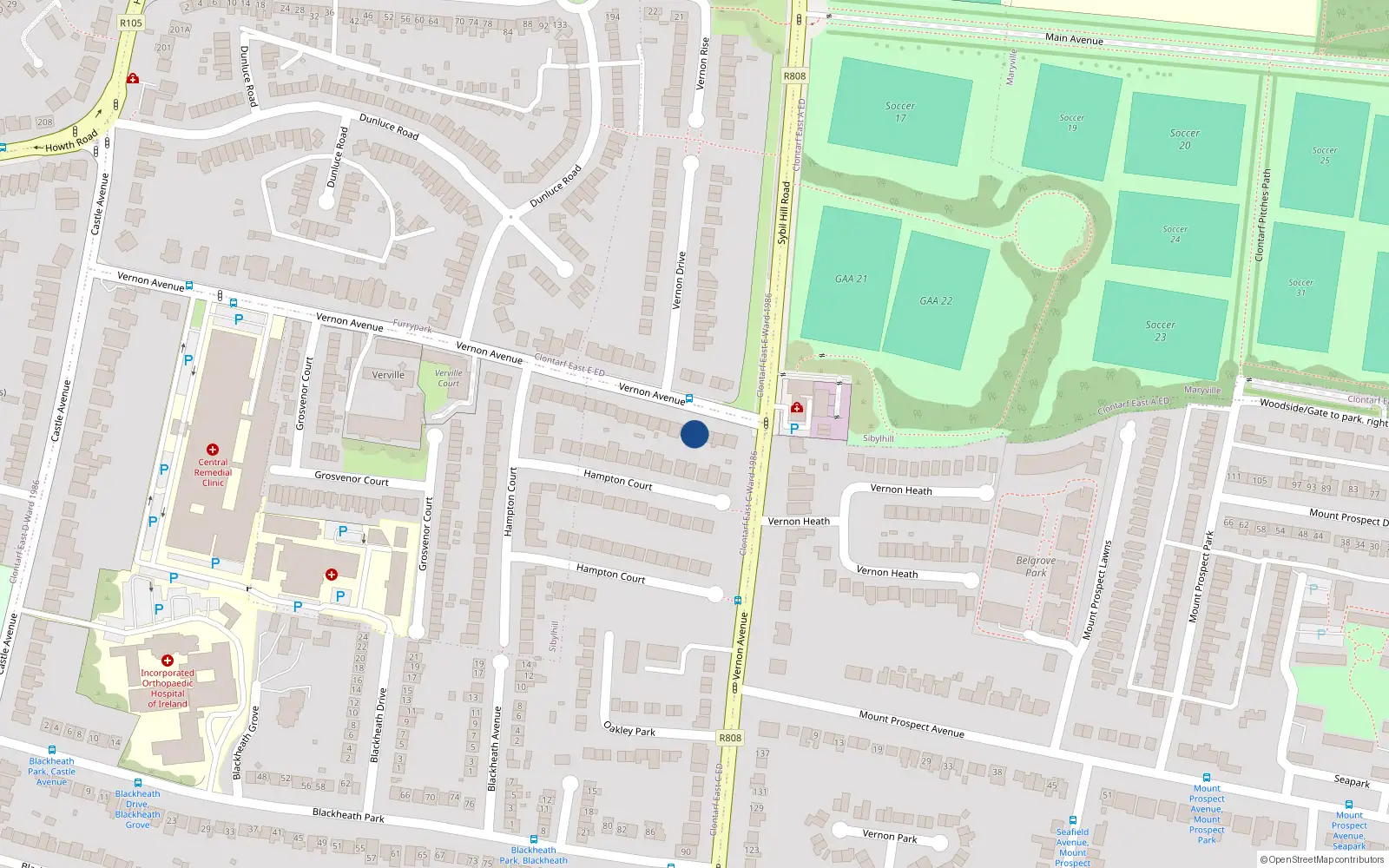 Overhead map showing the location of 146 Vernon Avenue, Clontarf, Dublin 3