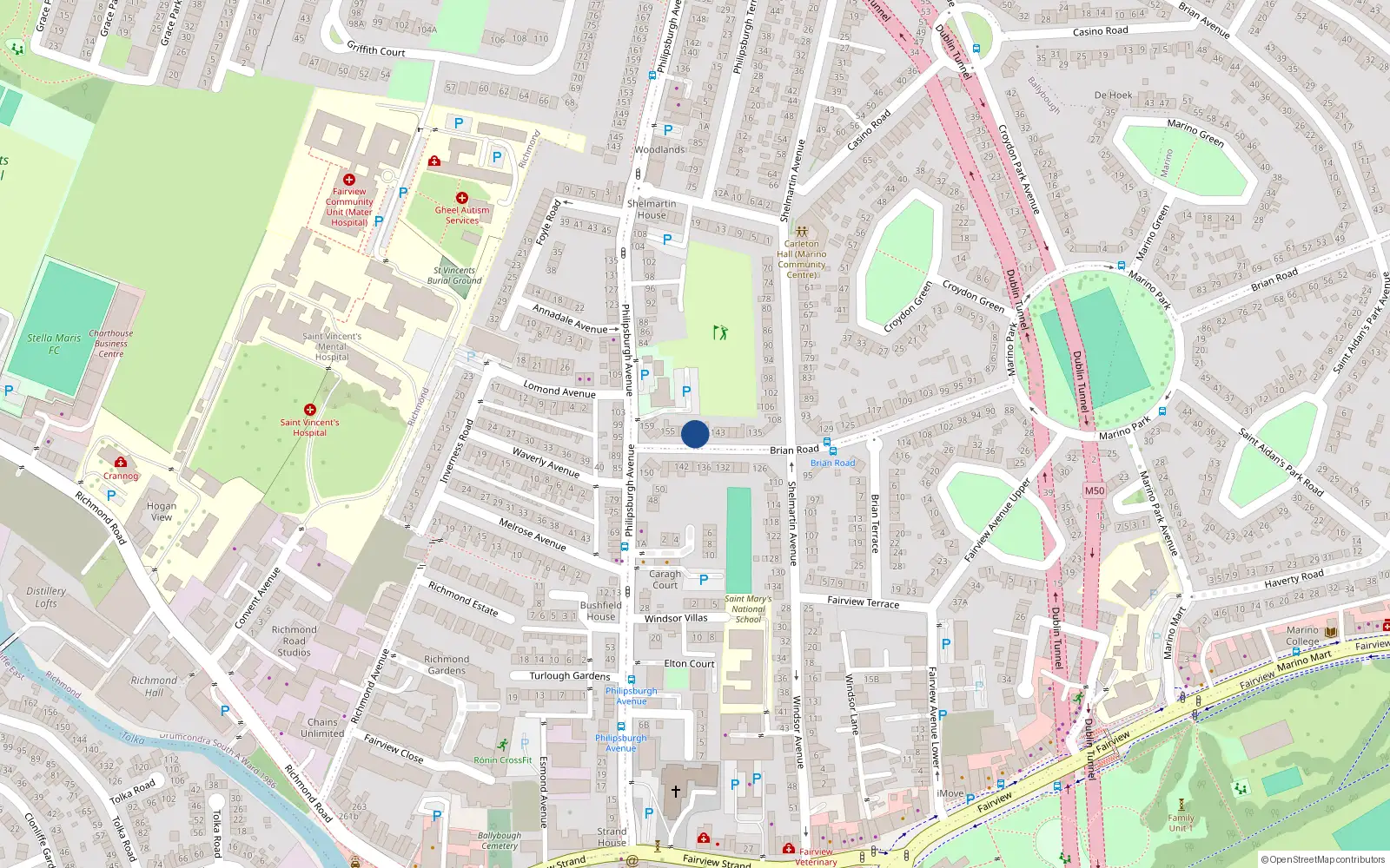Overhead map showing the location of 147 Brian Road, Marino, Dublin 3