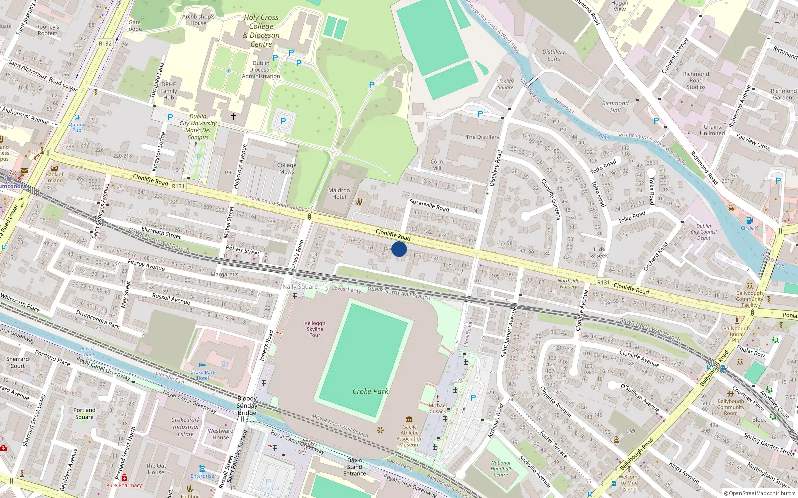 Overhead map showing the location of 147 Clonliffe Road, Drumcondra, Dublin 3