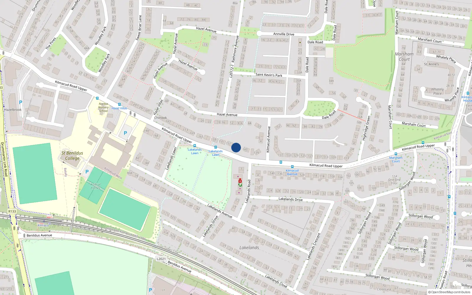 Overhead map showing the location of 147 Kilmacud Road Upper, Stillorgan, Dublin