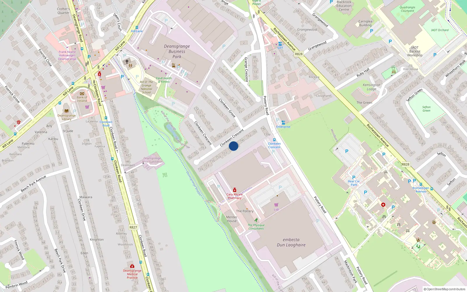 Overhead map showing the location of 148 Clonkeen Crescent, Blackrock