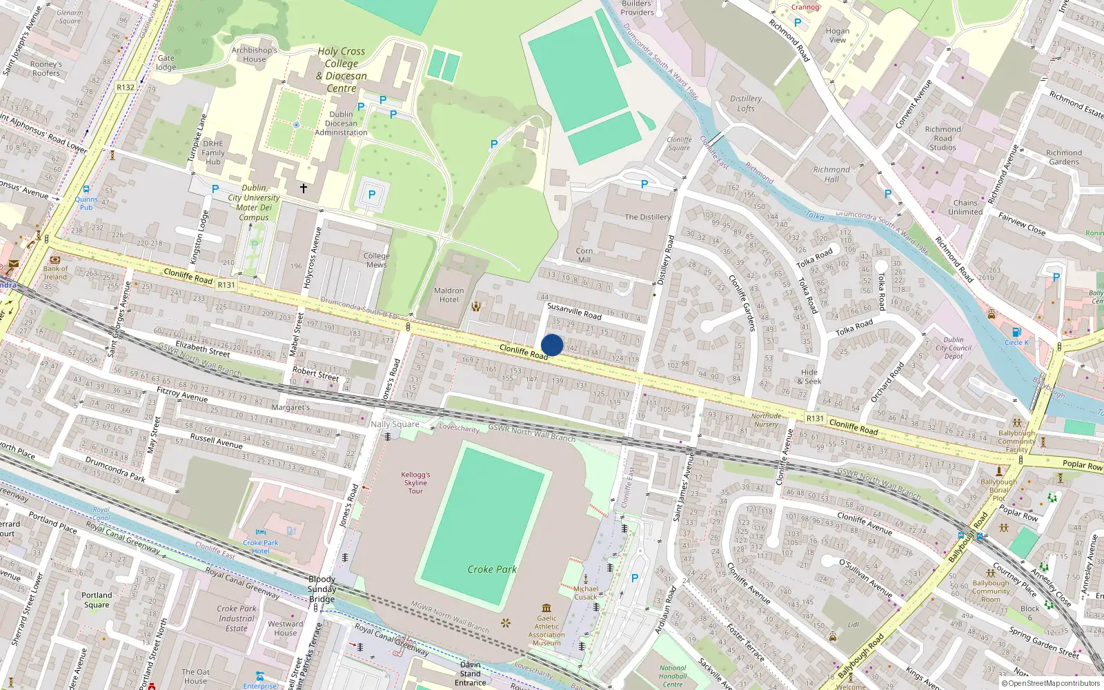 Overhead map showing the location of 148 Clonliffe Road, Dublin 3