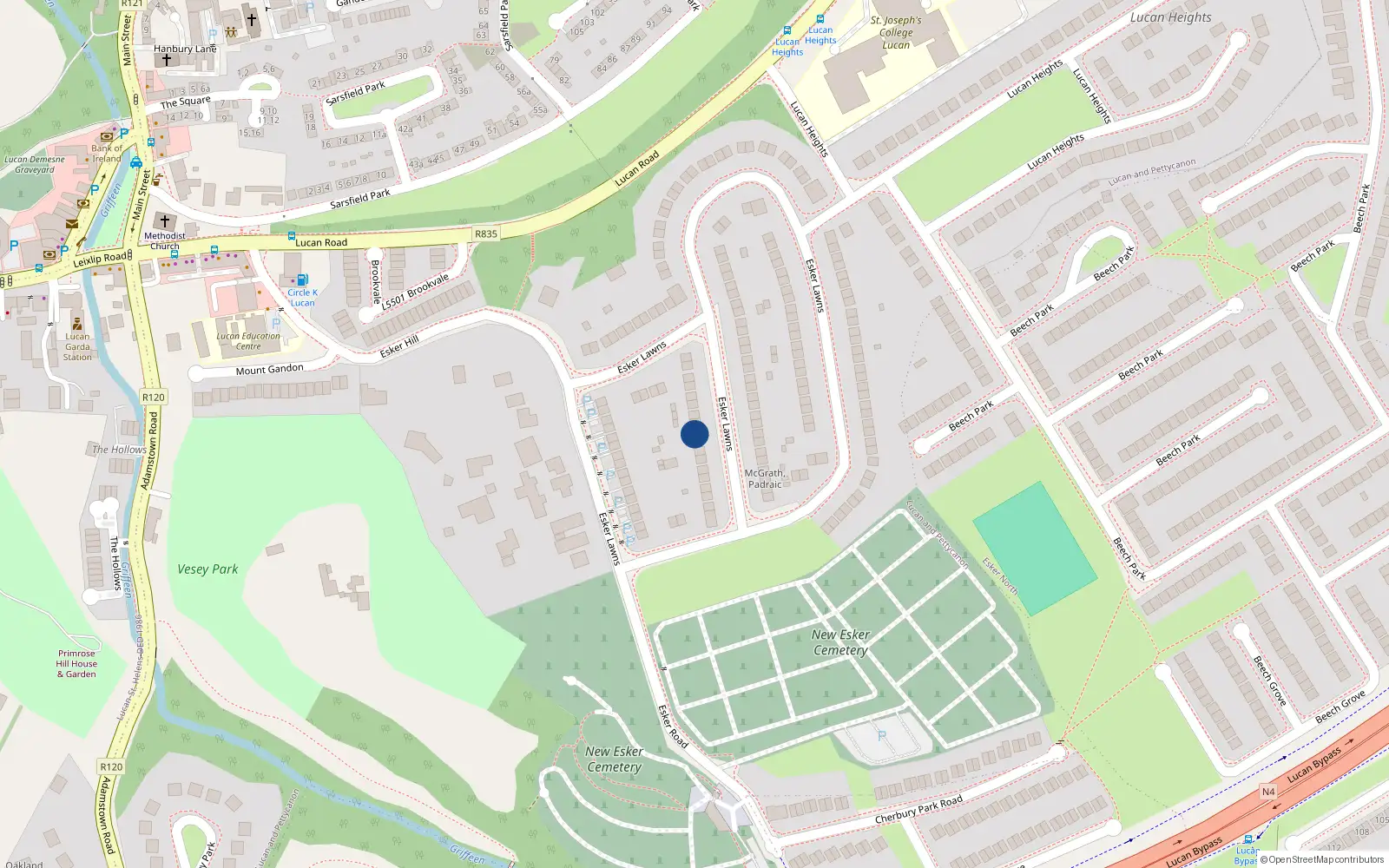 Overhead map showing the location of 148 Esker Lawns, Lucan, Dublin