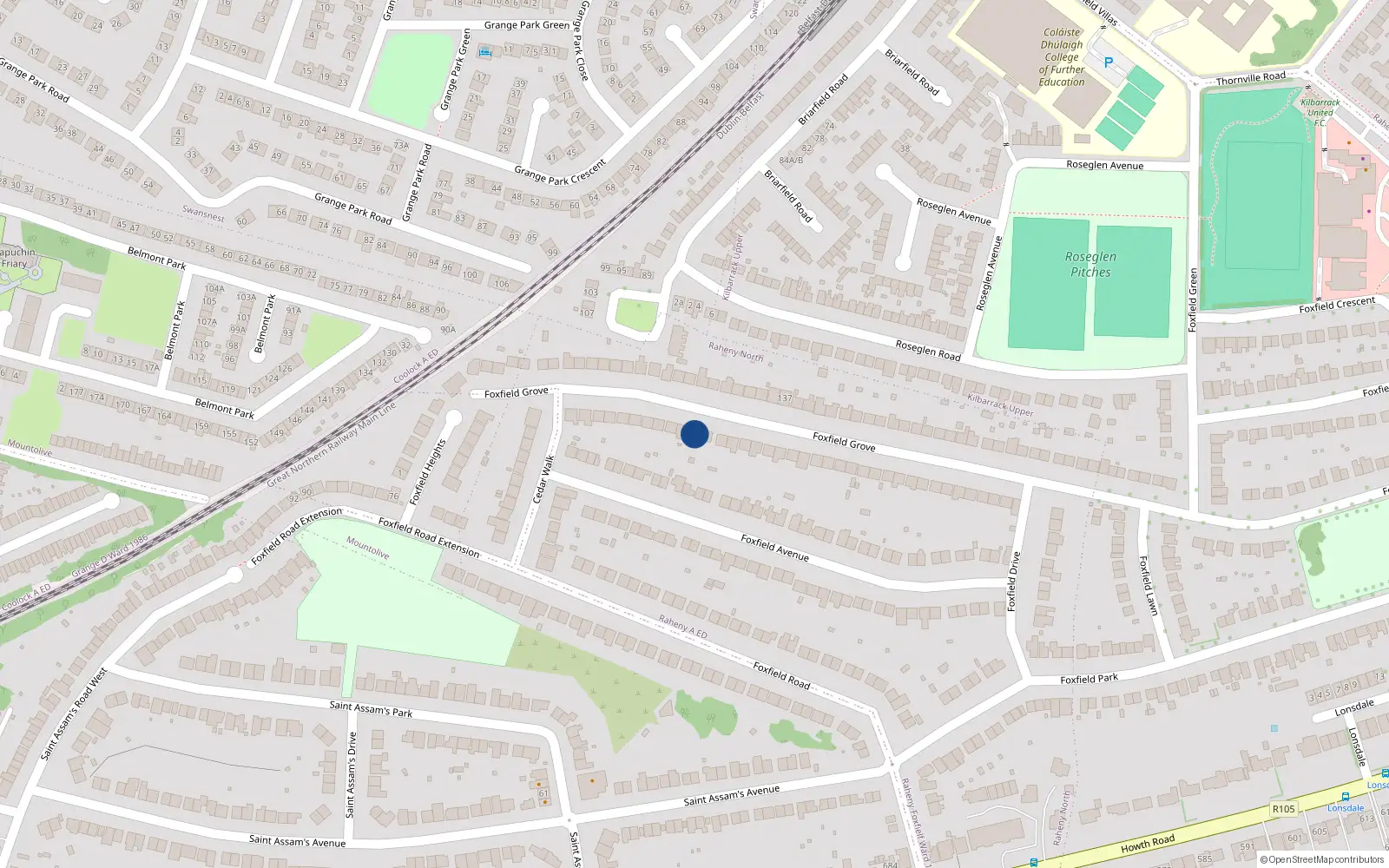 Overhead map showing the location of 148 Foxfield Grove, Dublin 5