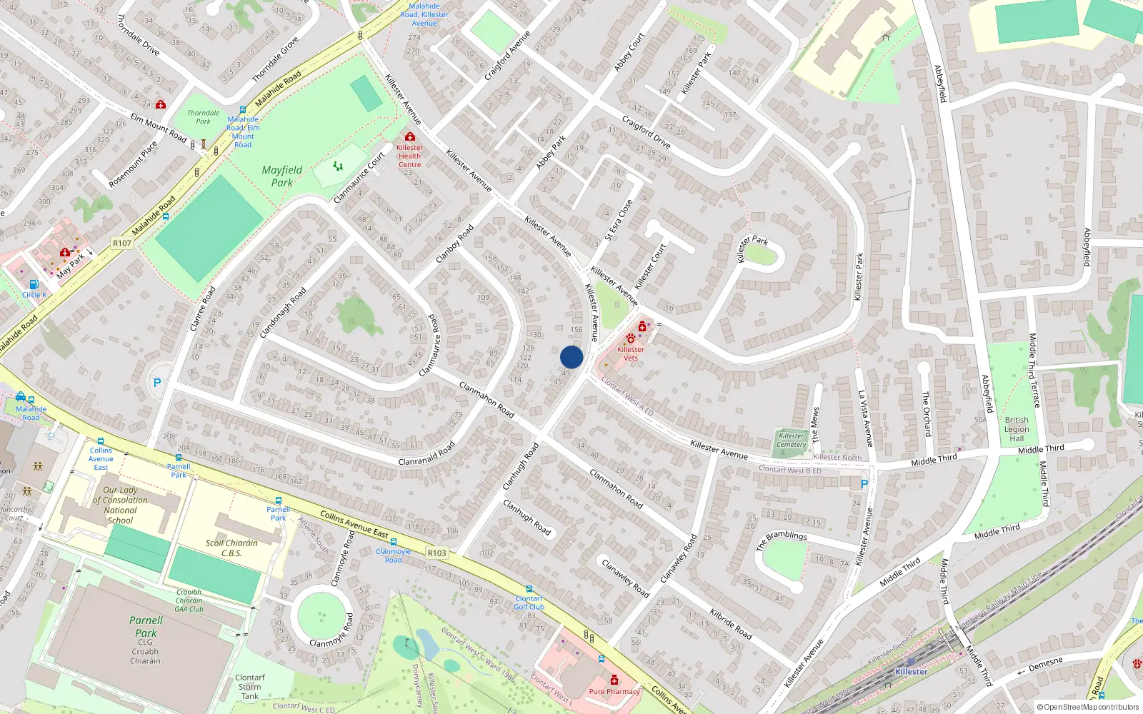 Overhead map showing the location of 148 Killester Avenue, Donnycarney, Artane Dublin 5