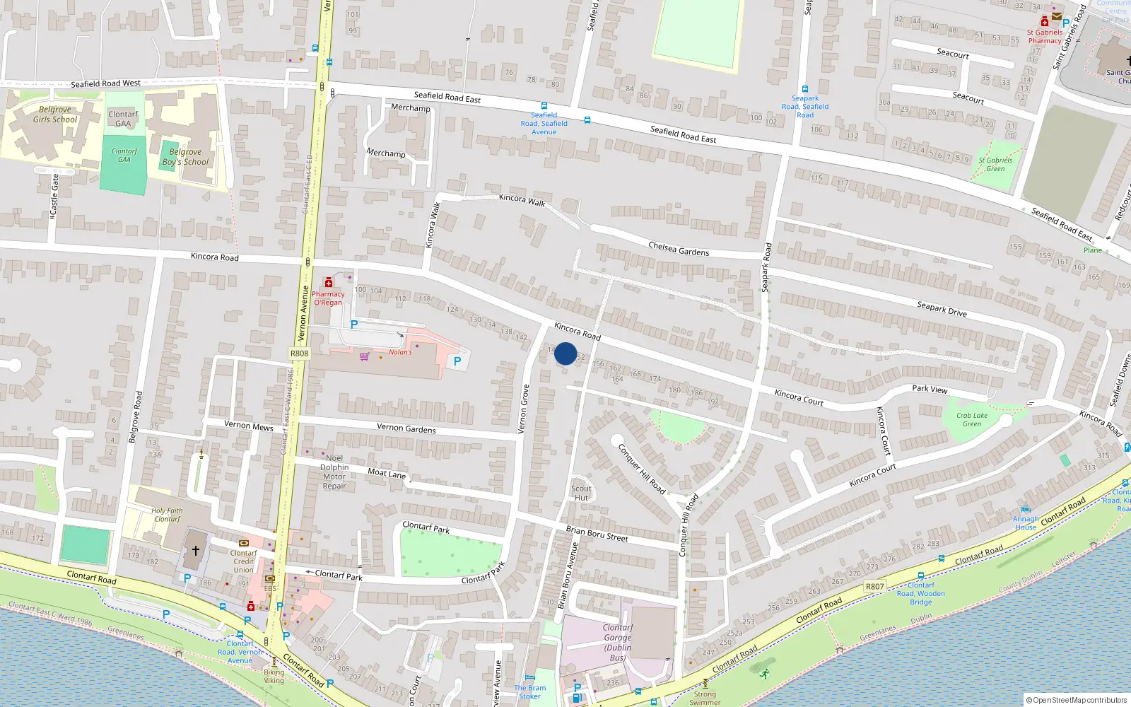 Overhead map showing the location of 148 Kincora Road, Clontarf, Dublin 3