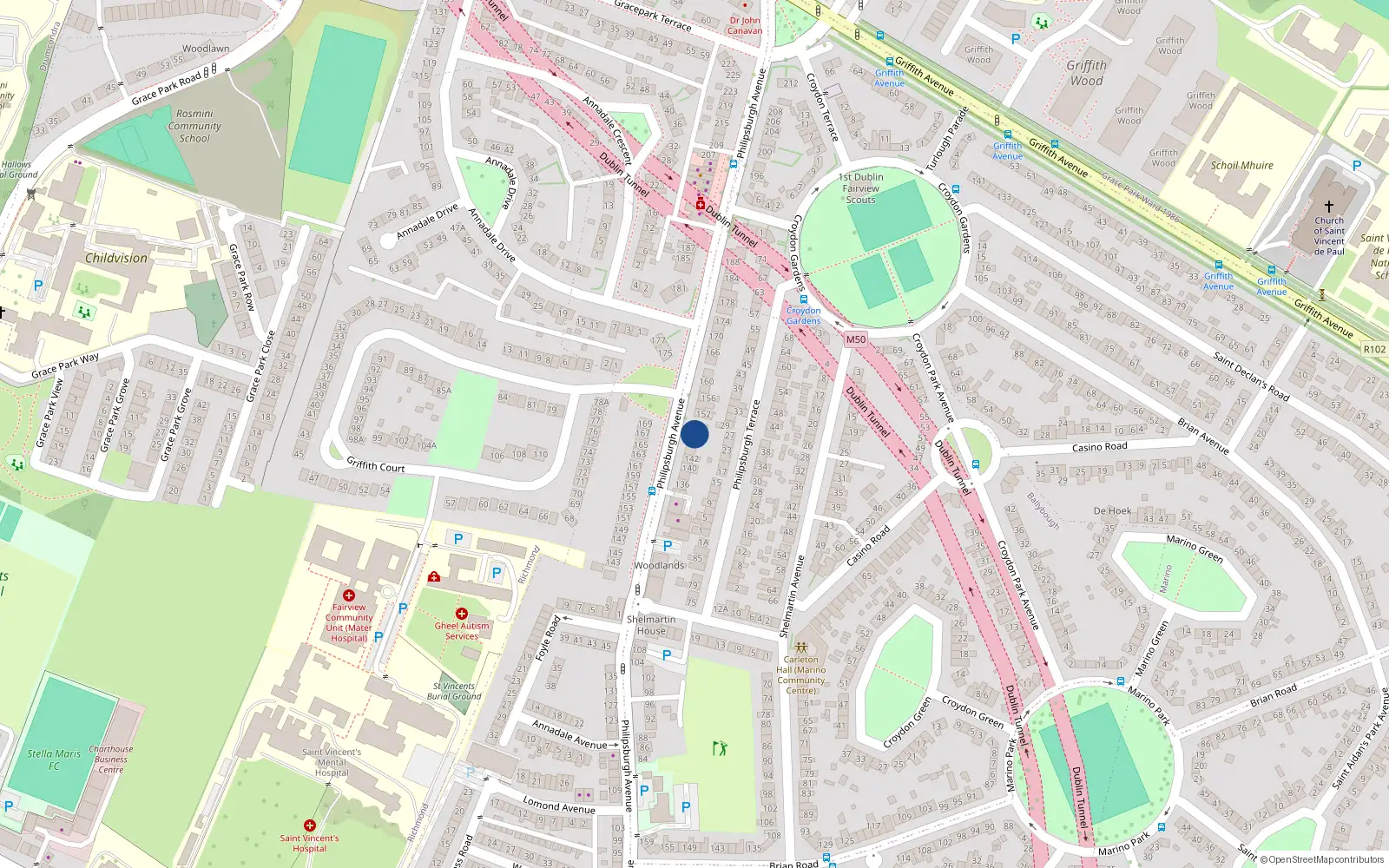 Overhead map showing the location of 148 Philipsburgh Avenue, Marino, Dublin 3