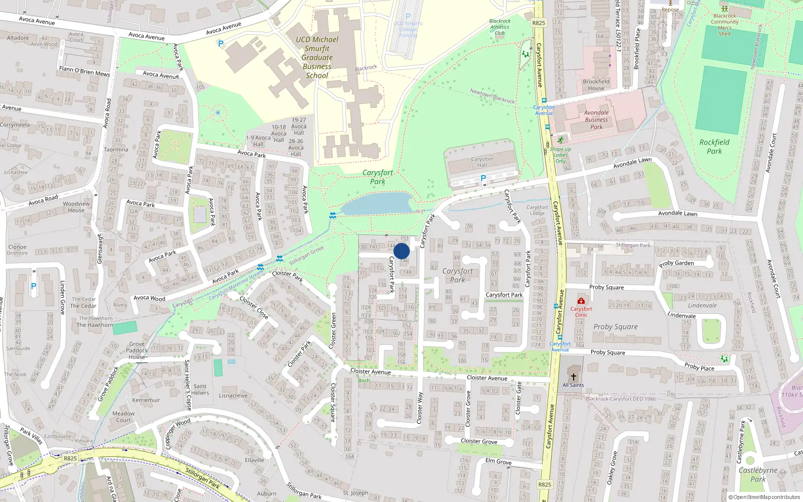 Overhead map showing the location of 149 Carysfort Park, Blackrock, Dublin