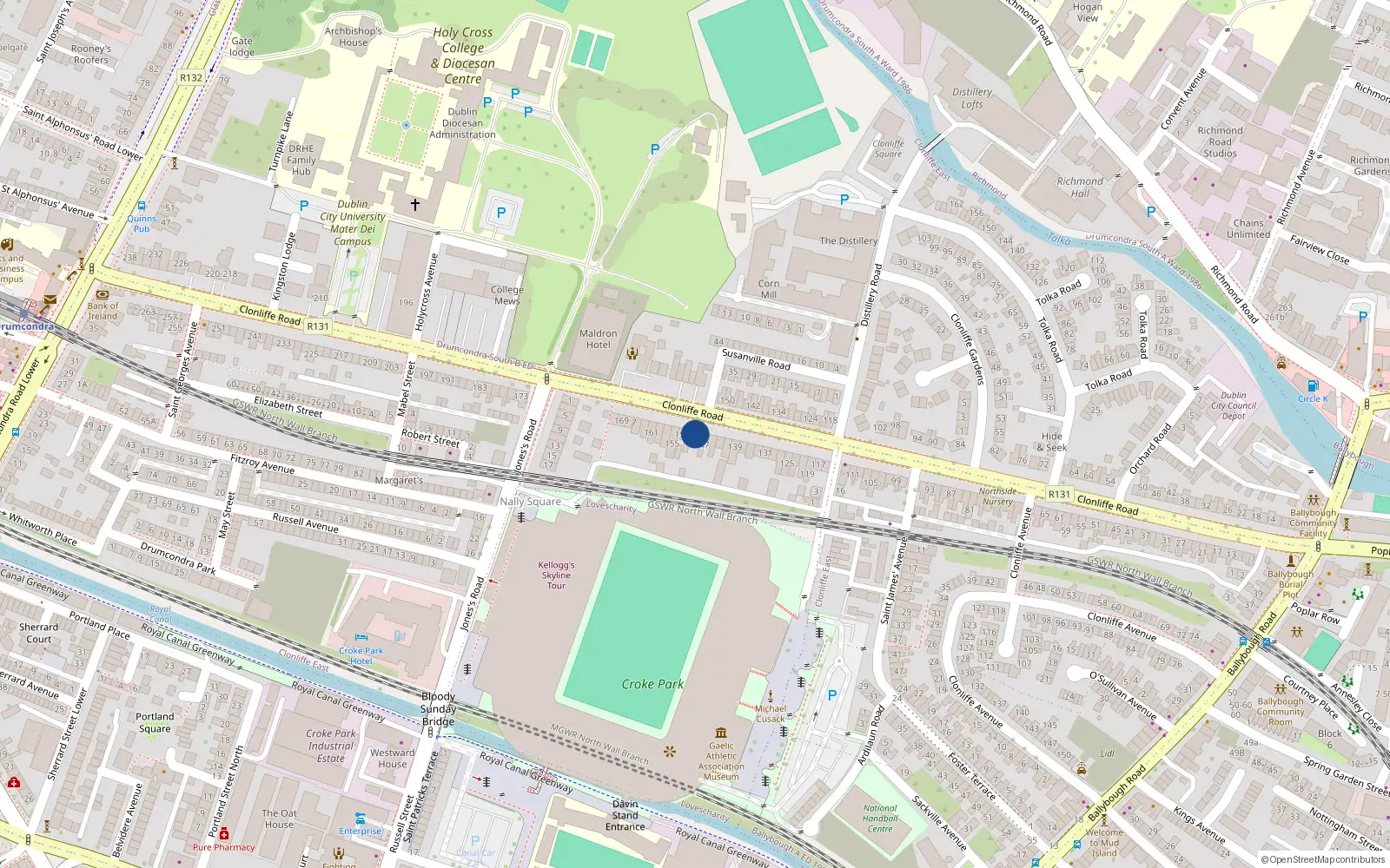 Overhead map showing the location of 149 Clonliffe Road, Dublin 3