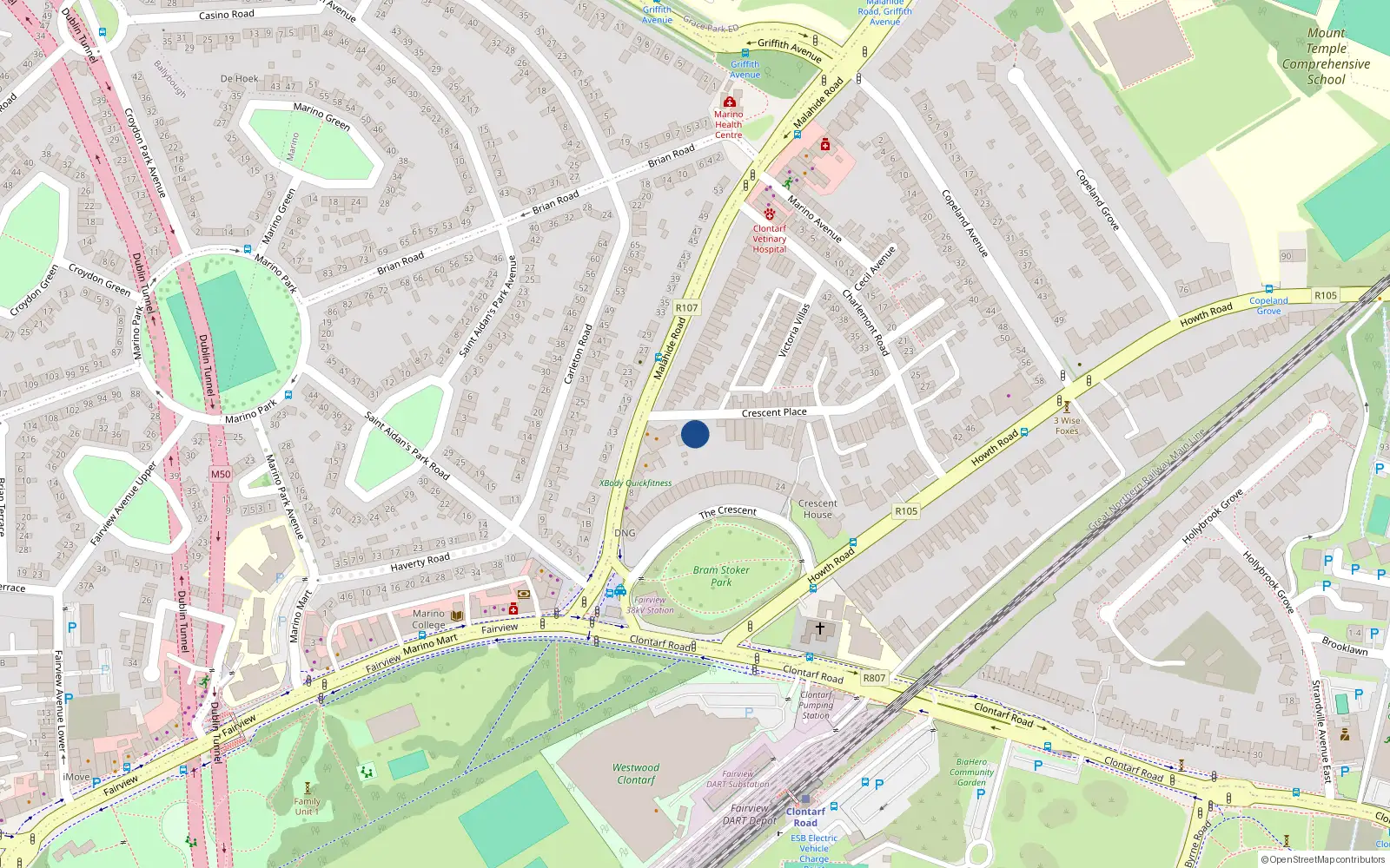 Overhead map showing the location of 14A Crescent Place, Dublin 3