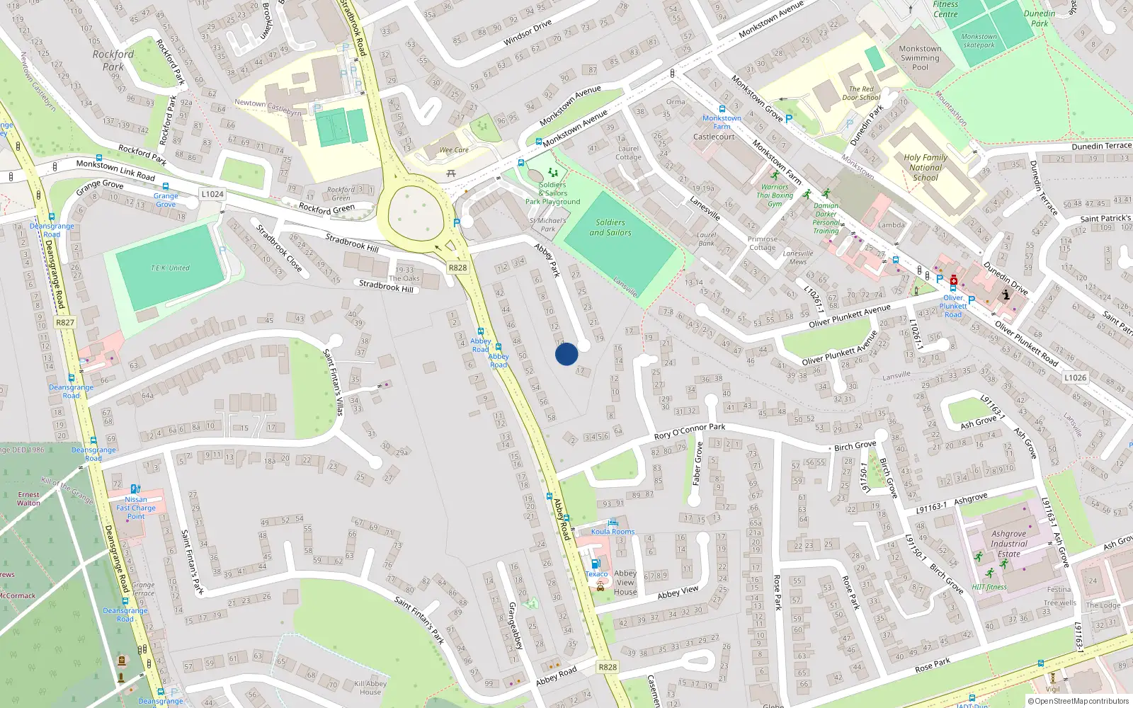 Overhead map showing the location of 15 Abbey Park, Monkstown