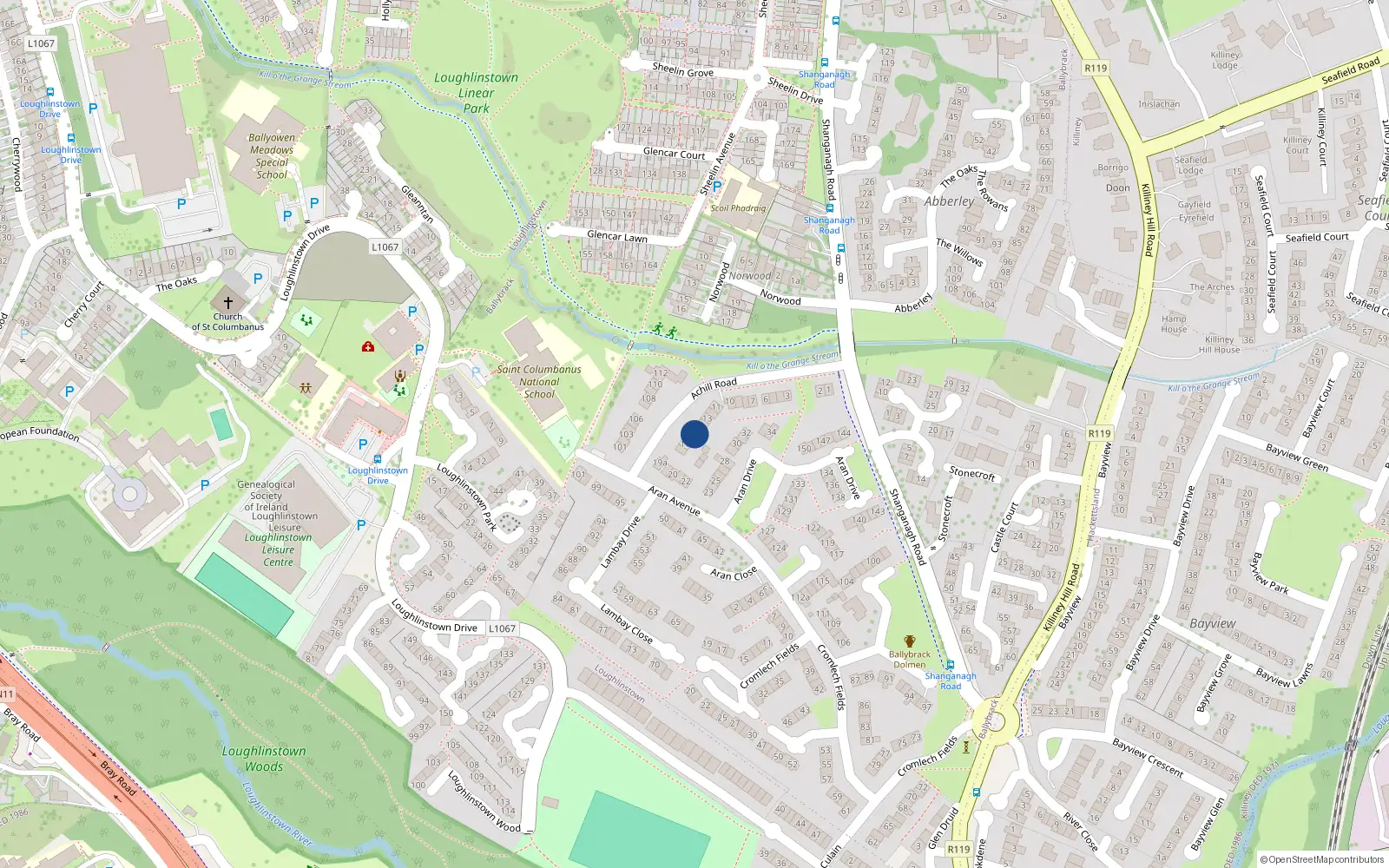 Overhead map showing the location of 15 Achill Road, Ballybrack