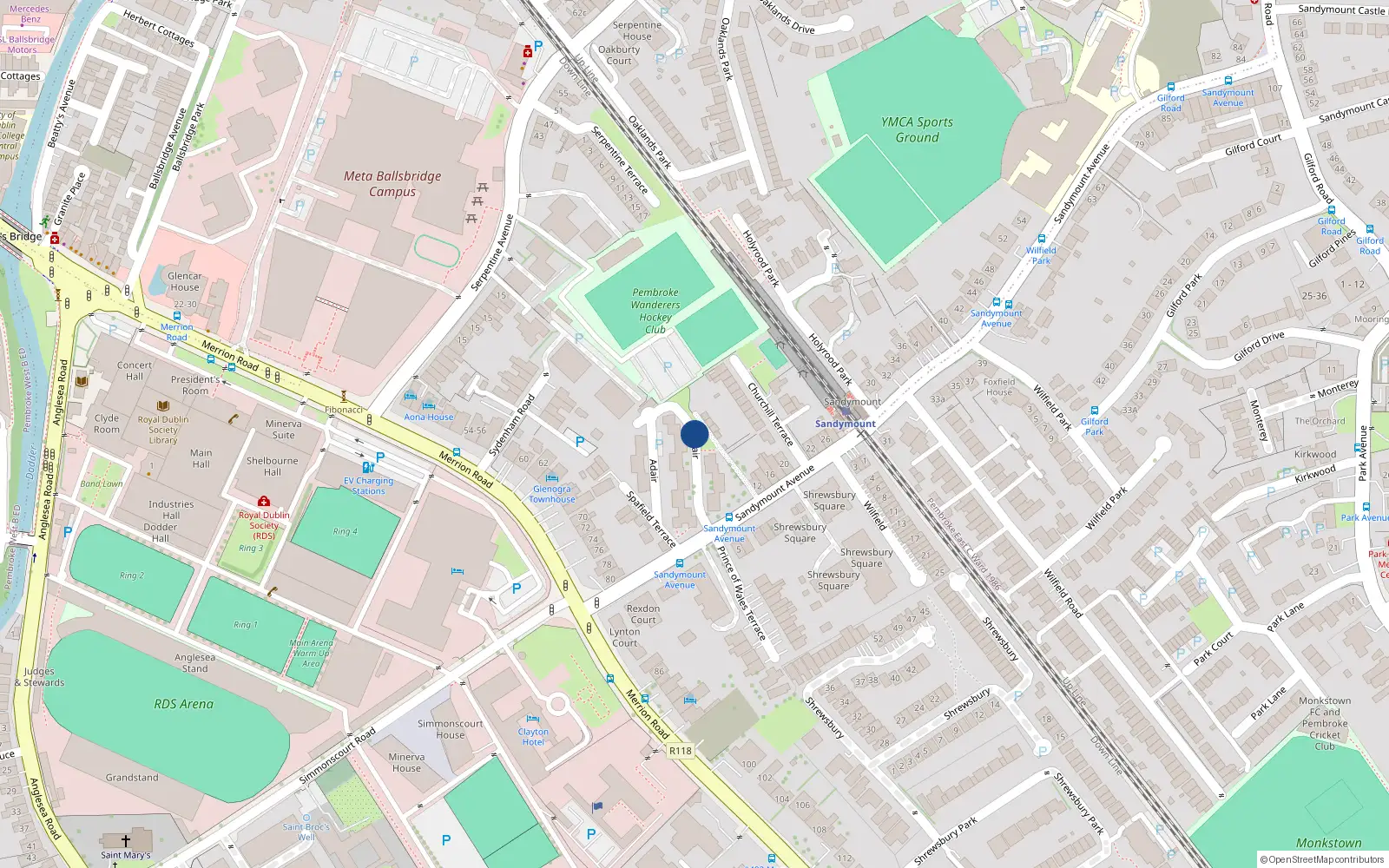Overhead map showing the location of 15 Adair, Ballsbridge