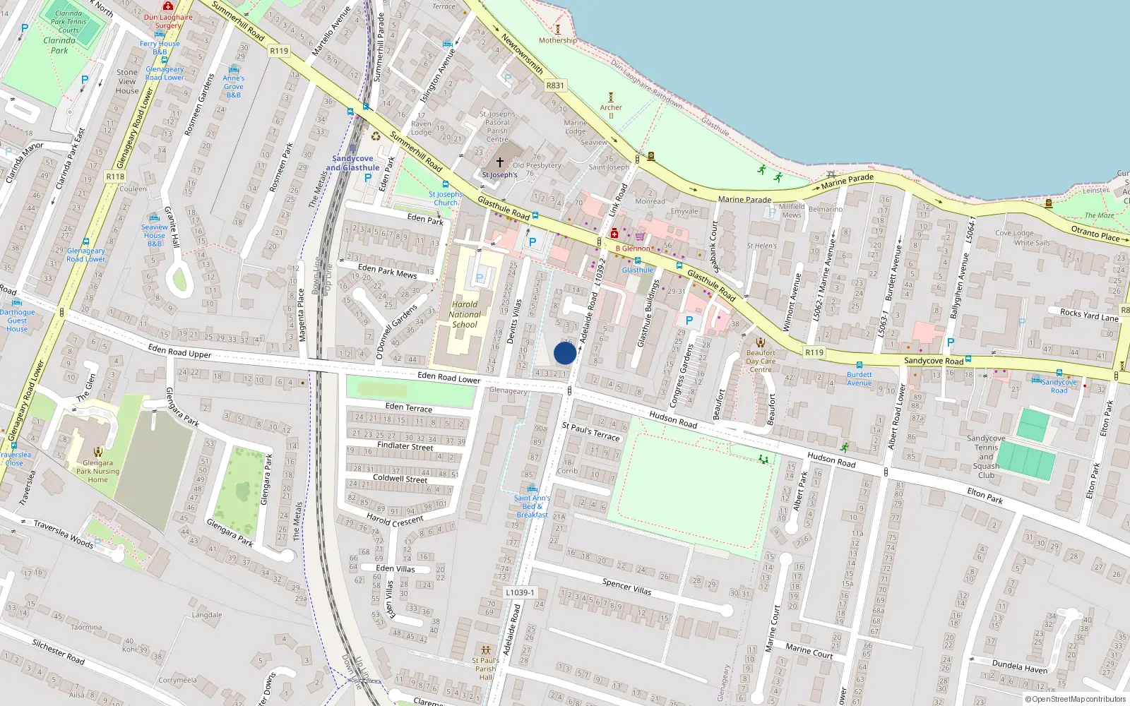 Overhead map showing the location of 15 Adelaide Road, Dublin