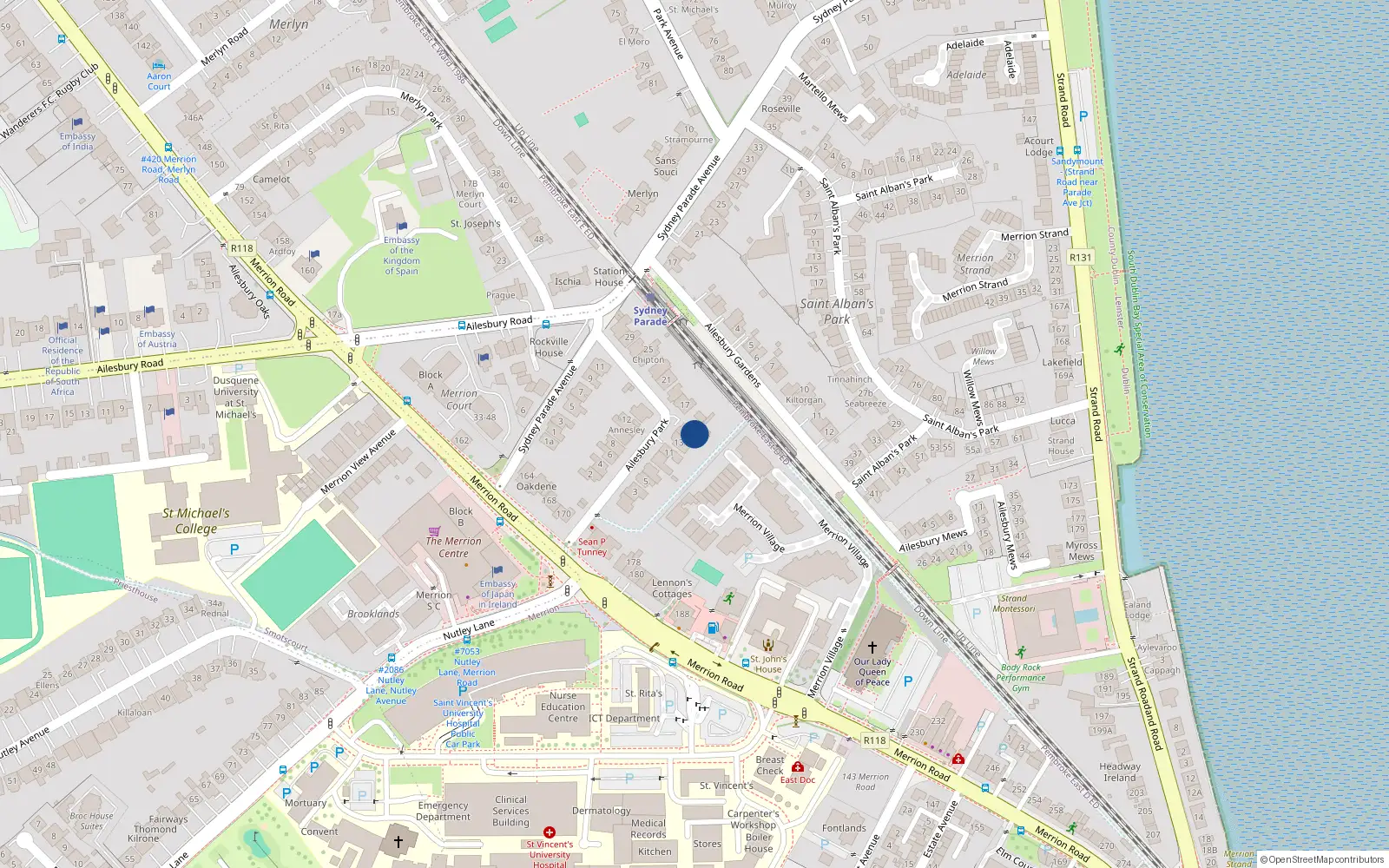 Overhead map showing the location of 15 Ailesbury Park, Merrion