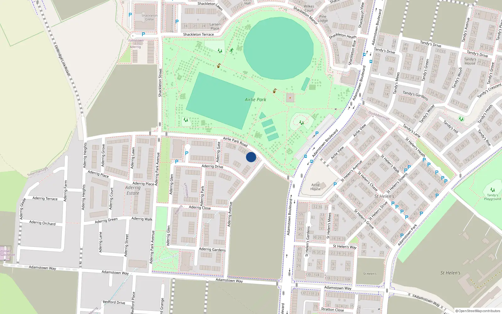Overhead map showing the location of 15 Airlie Park Road, Lucan