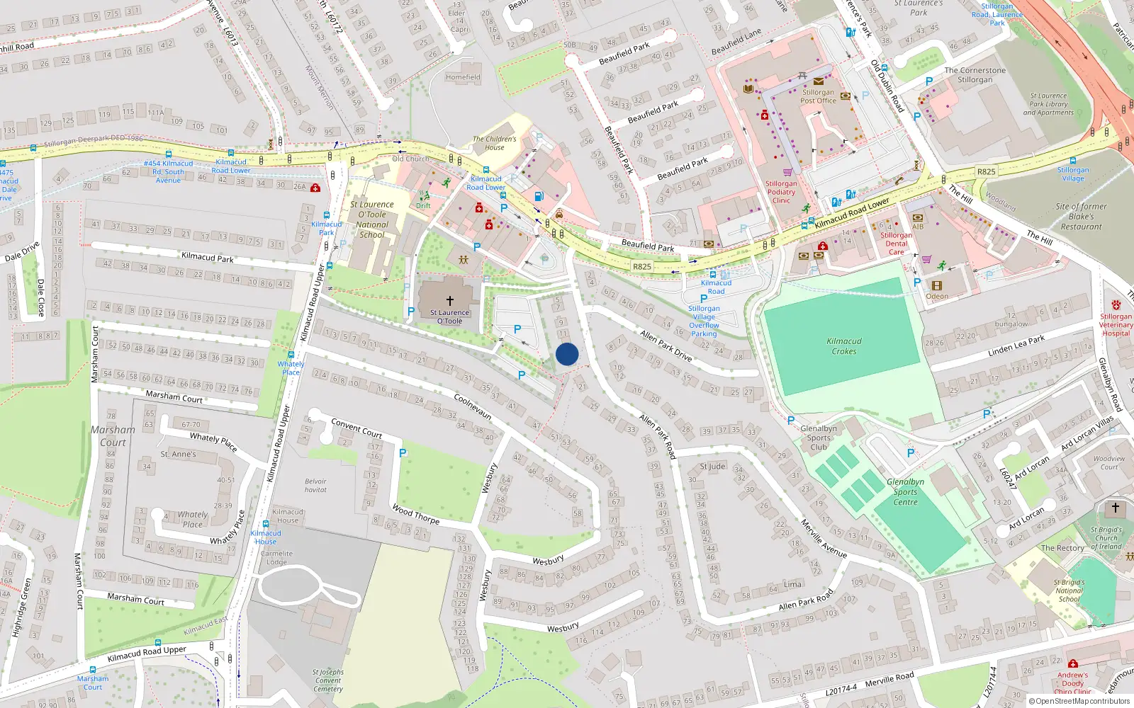Overhead map showing the location of 15 Allen Park Road, Stillorgan, Blackrock