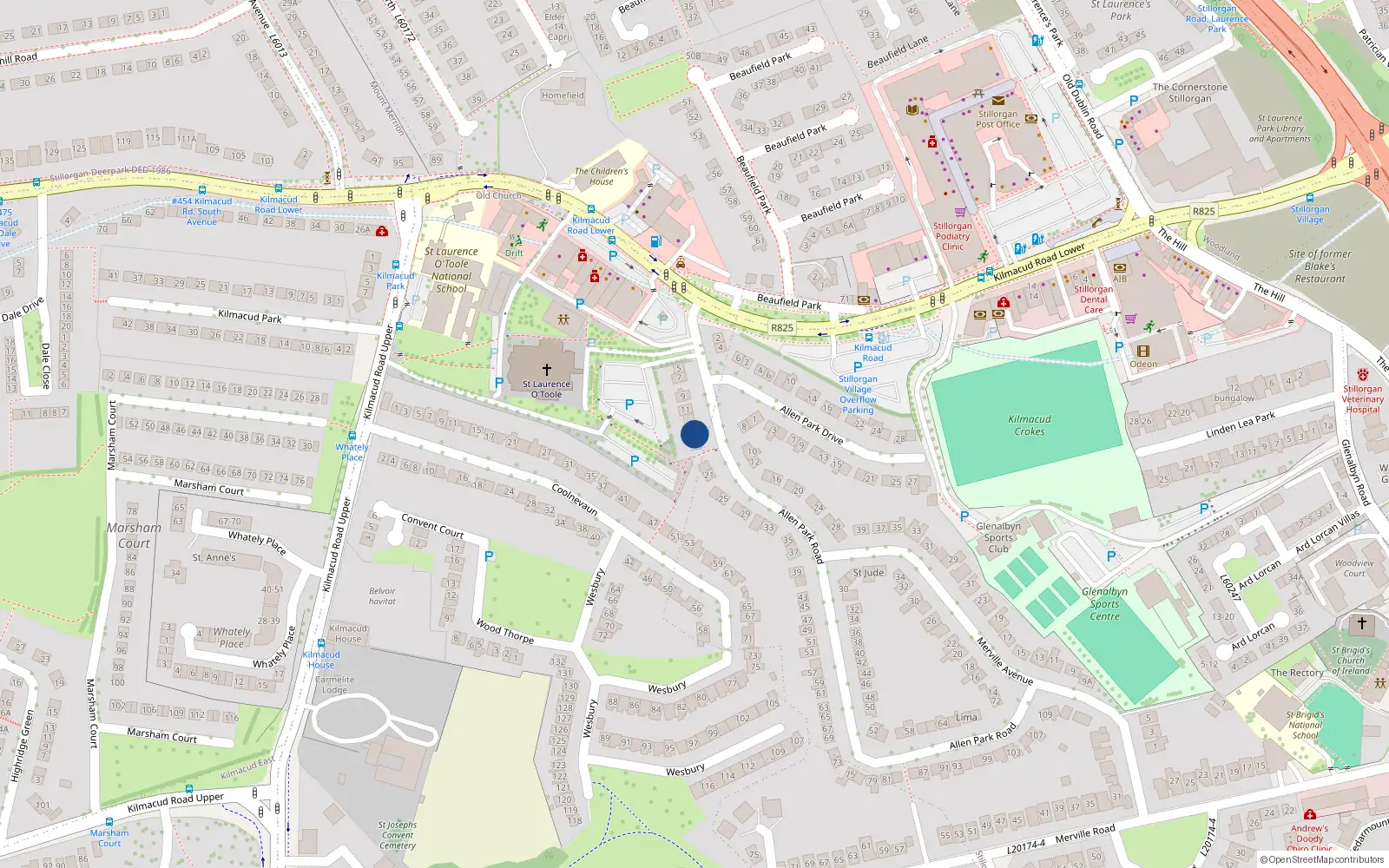 Overhead map showing the location of 15 Allen Park Road, Dublin