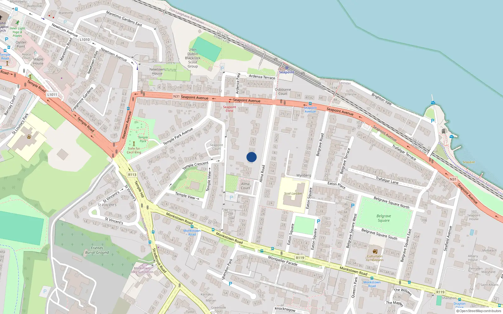 Overhead map showing the location of 15 Alma Road, Dublin