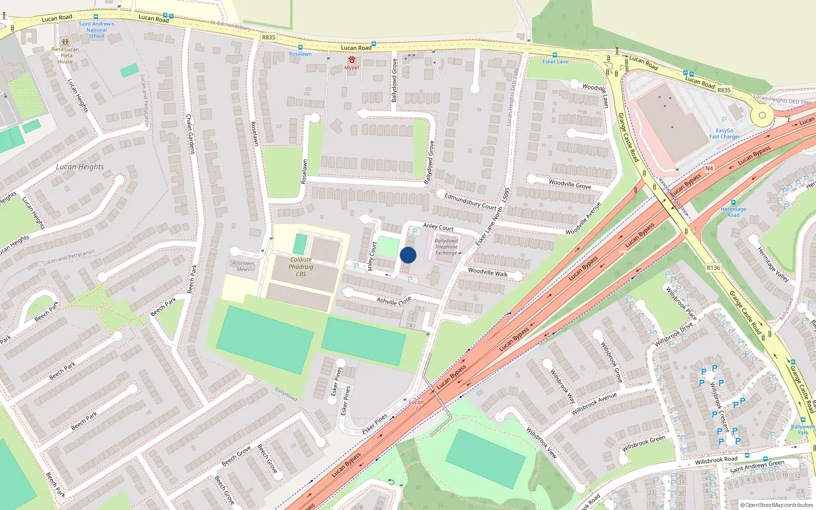 Overhead map showing the location of 15 Anley Court, Esker Lane, Lucan