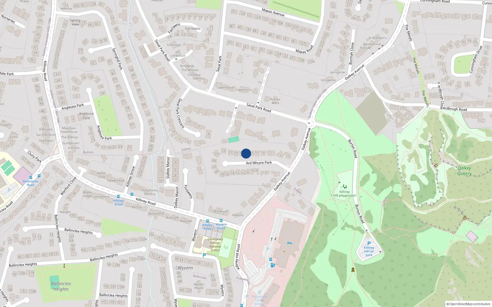 Overhead map showing the location of 15 Ard Mhuire Park, Dalkey, Co Dublin