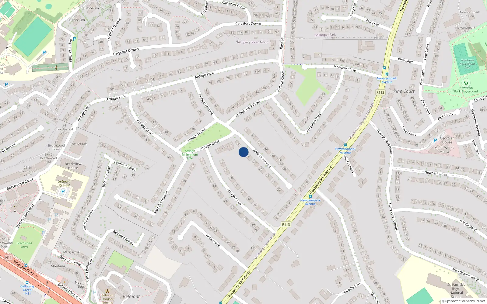 Overhead map showing the location of 15 Ardagh Avenue, Blackrock, County Dublin