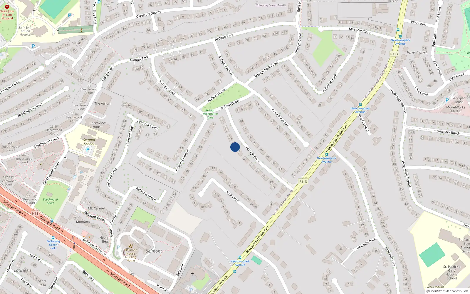 Overhead map showing the location of 15 Ardagh Drive, Blackrock