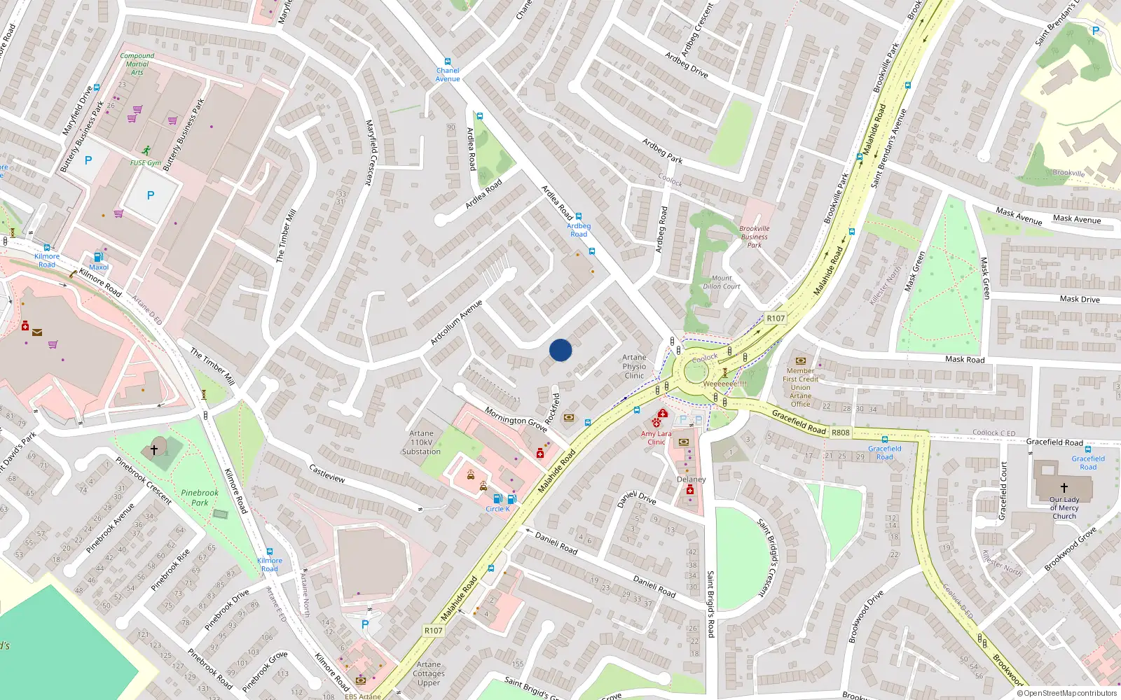 Overhead map showing the location of 15 Ardcollum Avenue, Dublin 5
